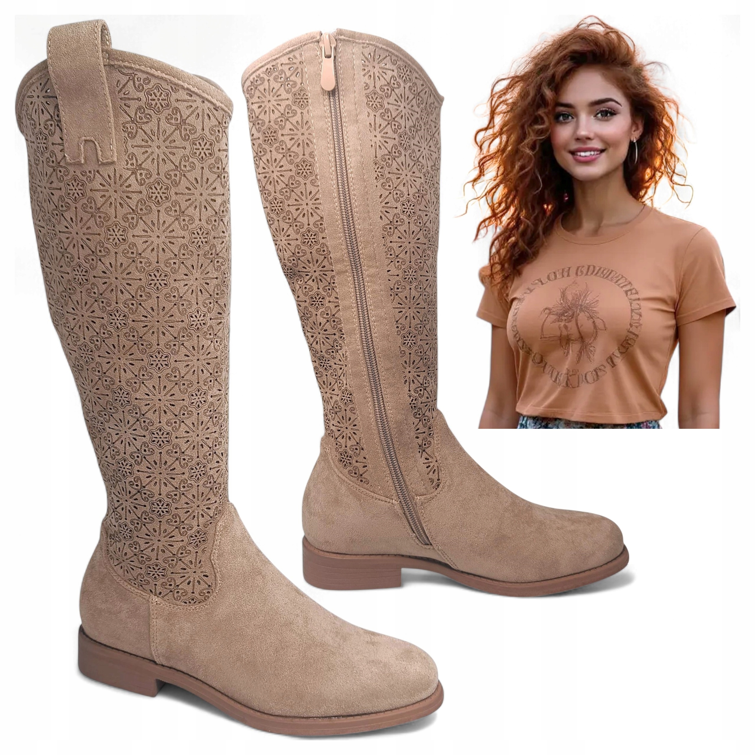 Dámské dlouhé kozačky 41 Ploché Kovbojské Boty Ažurové Semišové Podzimní Barski