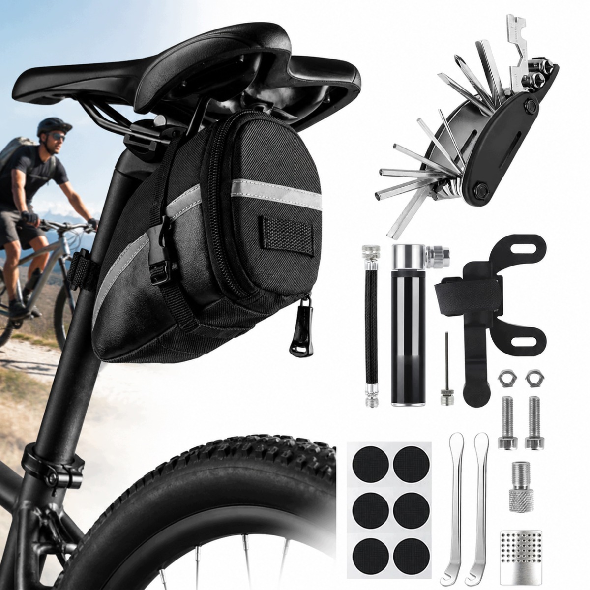 Zestaw Naprawczy Do Roweru 16 El. Multitool Pompka Łaty Dętki Etui
