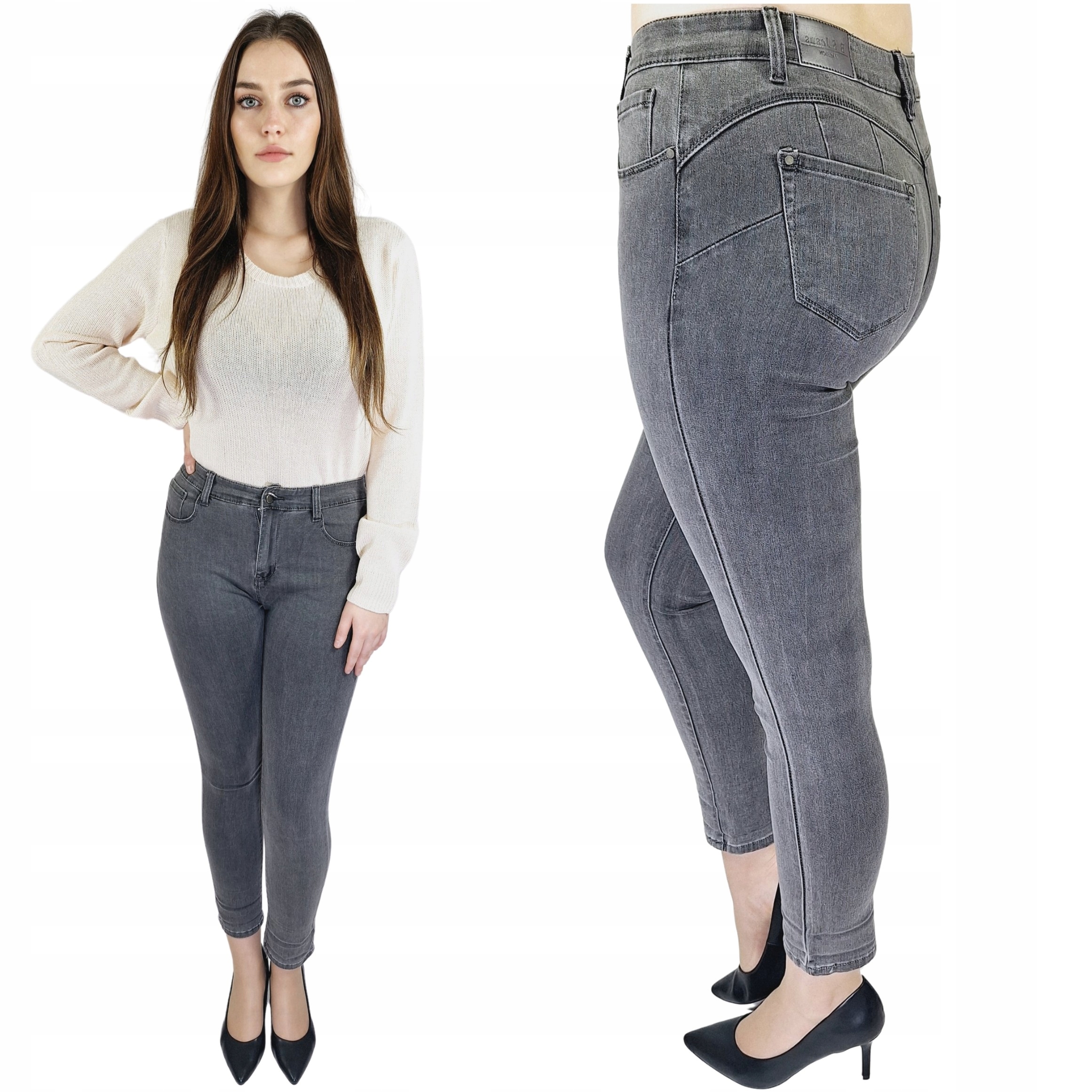 JEANSY DAMSKIE DOPASOWANE SPODNIE GRAFITOWE PUSH UP SZARY JEANS 40 (L) Materiał dominujący bawełna