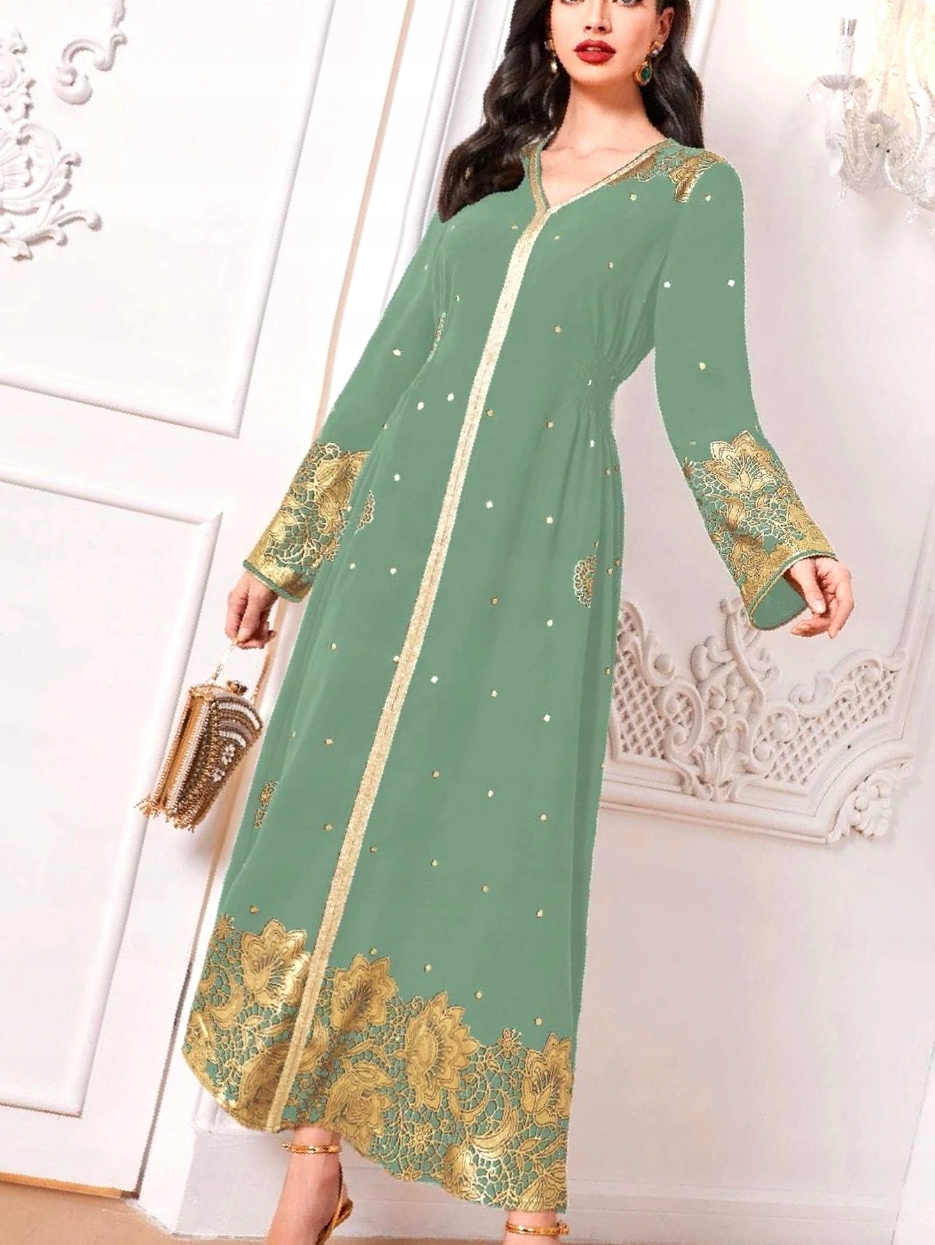 Šaty s potiskem v arabském stylu se zlatými dlouhými šaty, zelená, velikost M 38