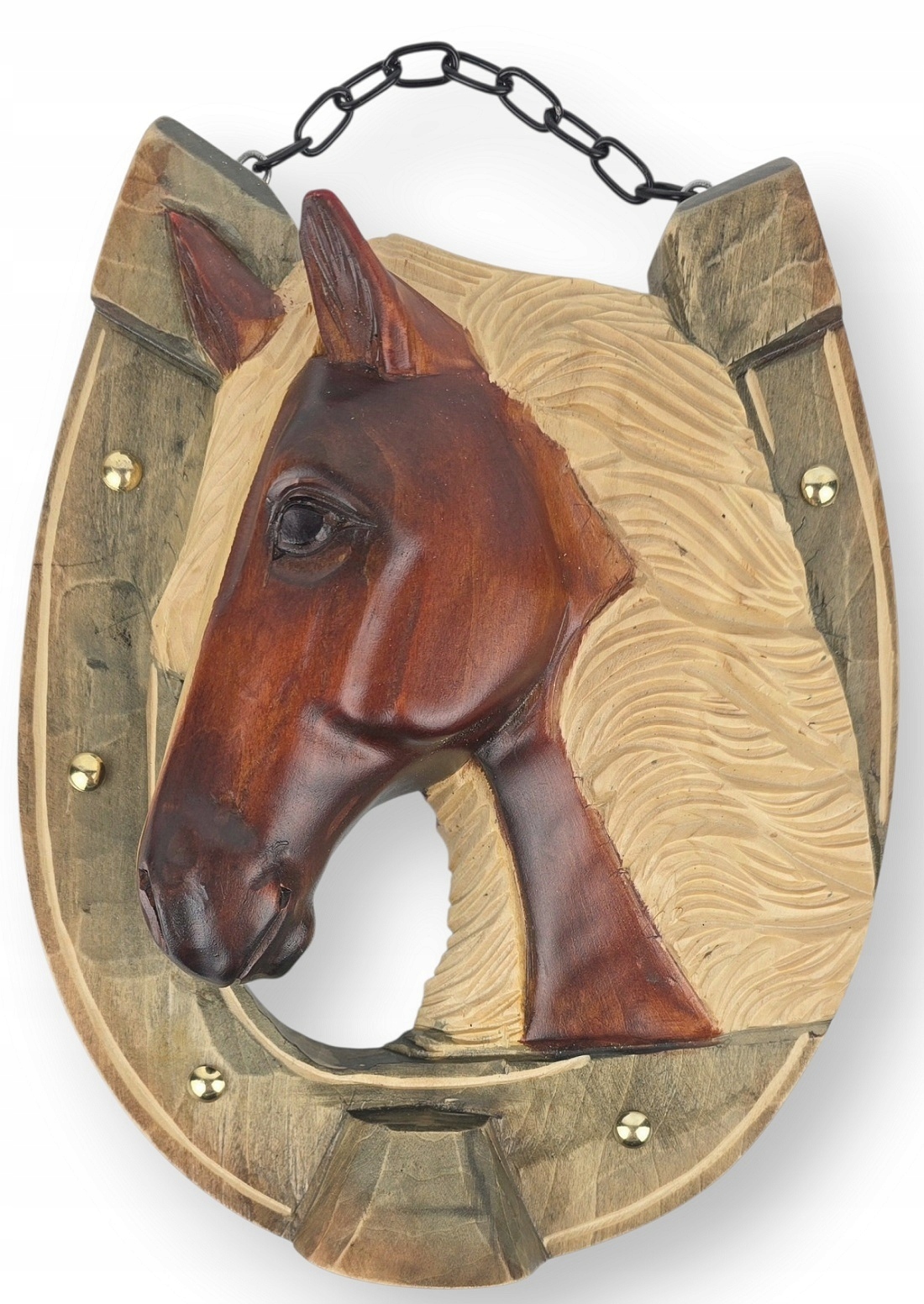 Socha na stenu Podkova na šťastie Drevená vyrezávaná hlava koňa 23 cm