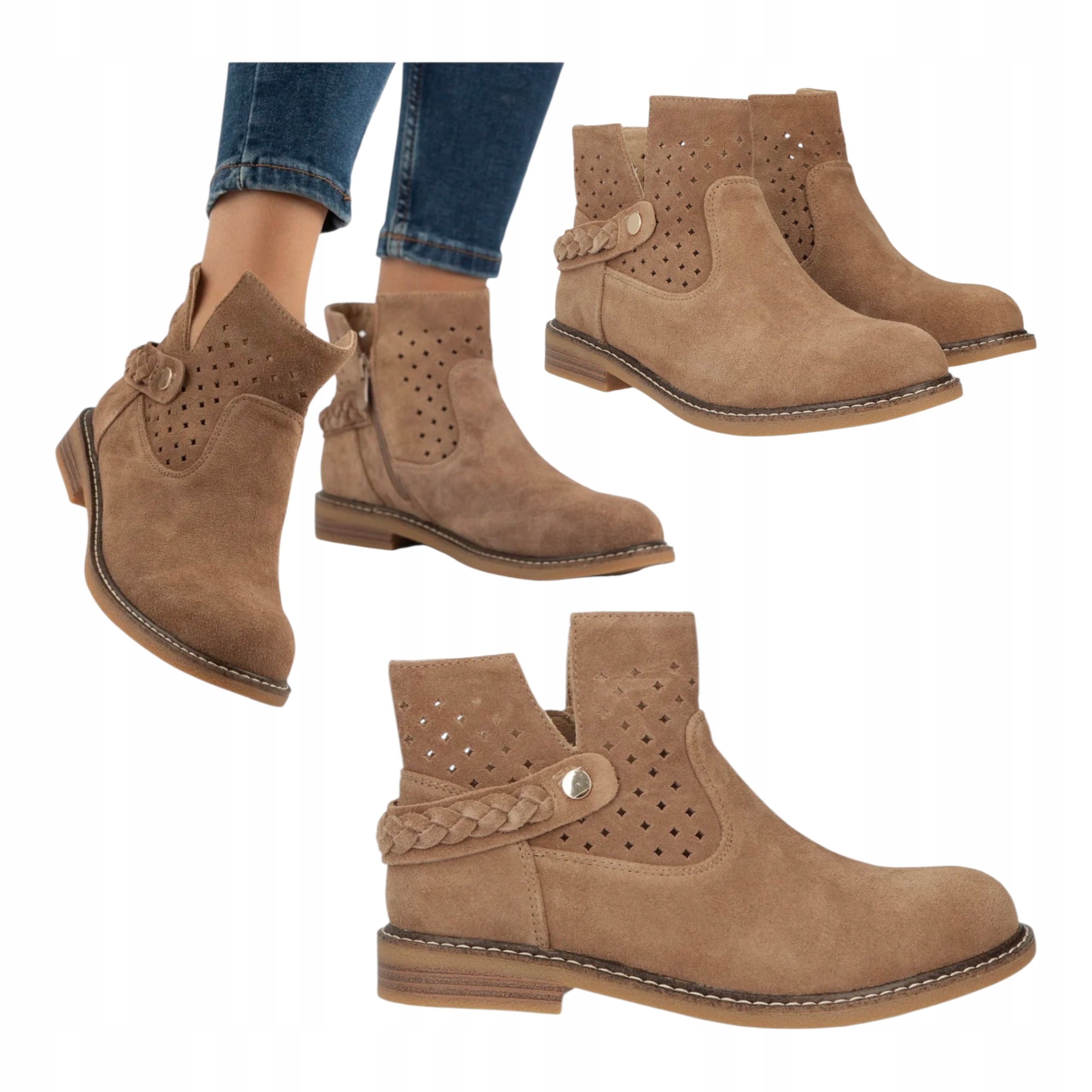 Dámské Kotníkové Boty Ažurové na plochém podpatku Kožené Semišové Béžové Letní 41