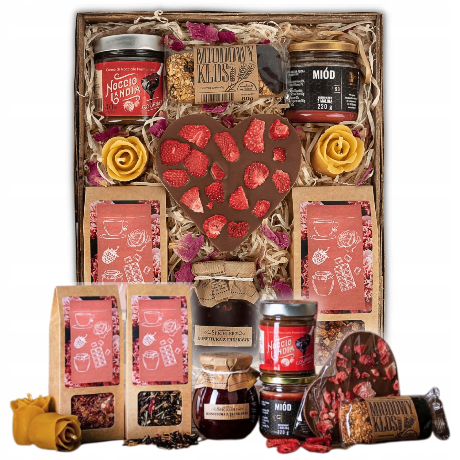 Kosz Prezetnowy Zestaw Herbat Słodycze Czekolada Krem Serce Na Urodziny