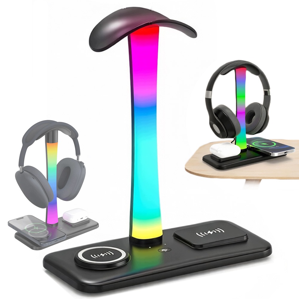Stojan Na Sluchátka Rgb podsvícení Usb a bezdrátové nabíjení indukce