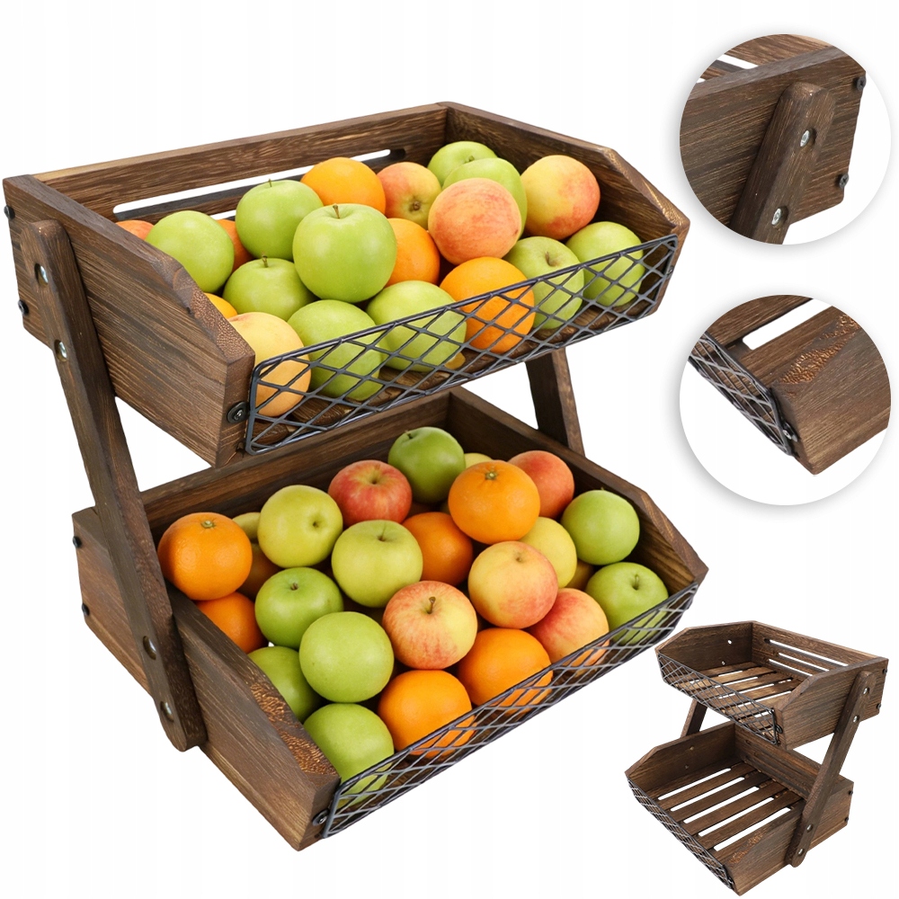 Stojan na ovoce, dvouúrovňový, hnědý, ze dřeva a kovu, na kuchyňskou desku