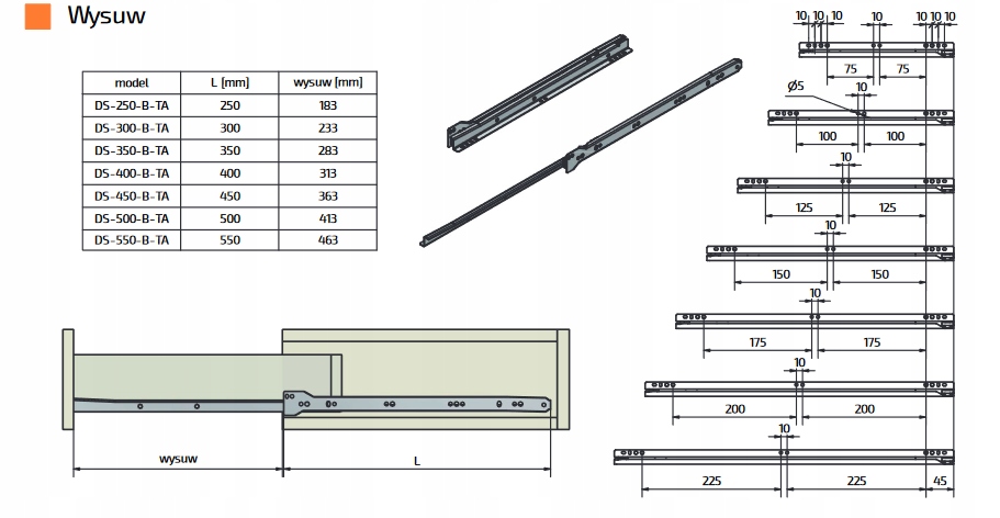 Prowadnica do szuflad rolkowa L- 350 biała Wysokość 20 mm
