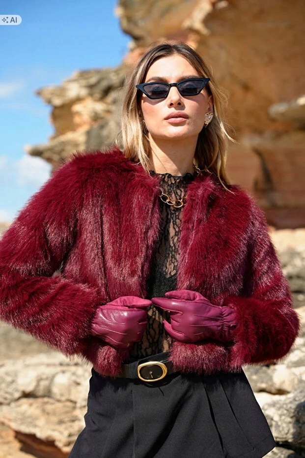 Krátká Vínová Kožešinová Bunda V Elegantním Stylu 5IA