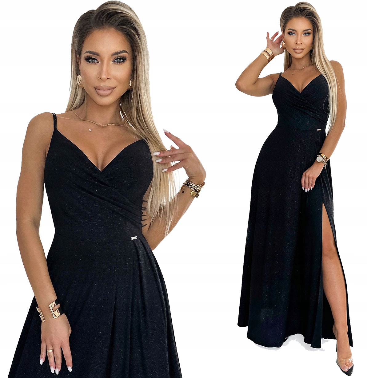 Elegantní Šaty Na Ramínka Bal Svatební Hostina Černá Se Třpytkami L