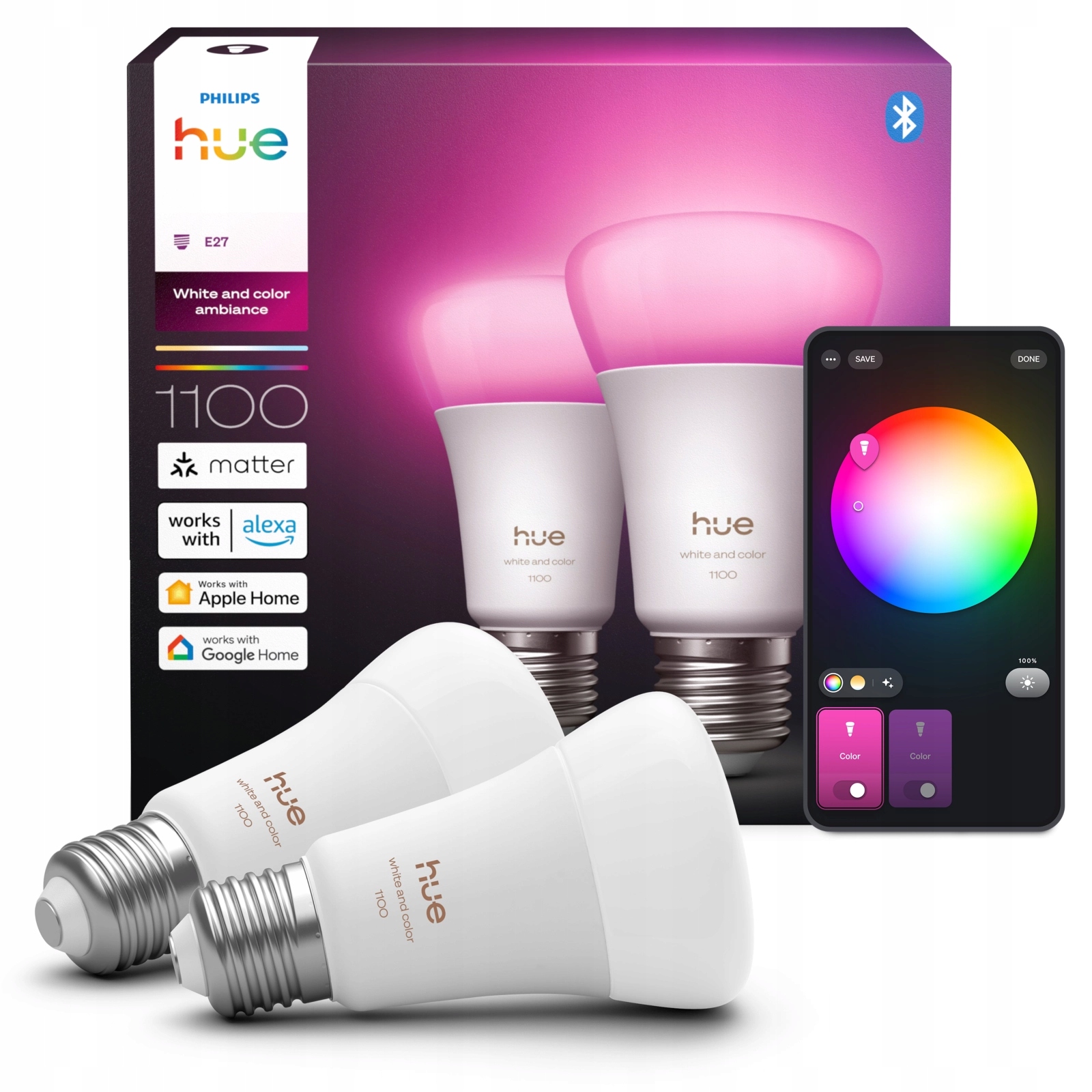 2x Led žárovka E27 8.1W 1100lm Rgb White and Color Ambiance Philips Hue