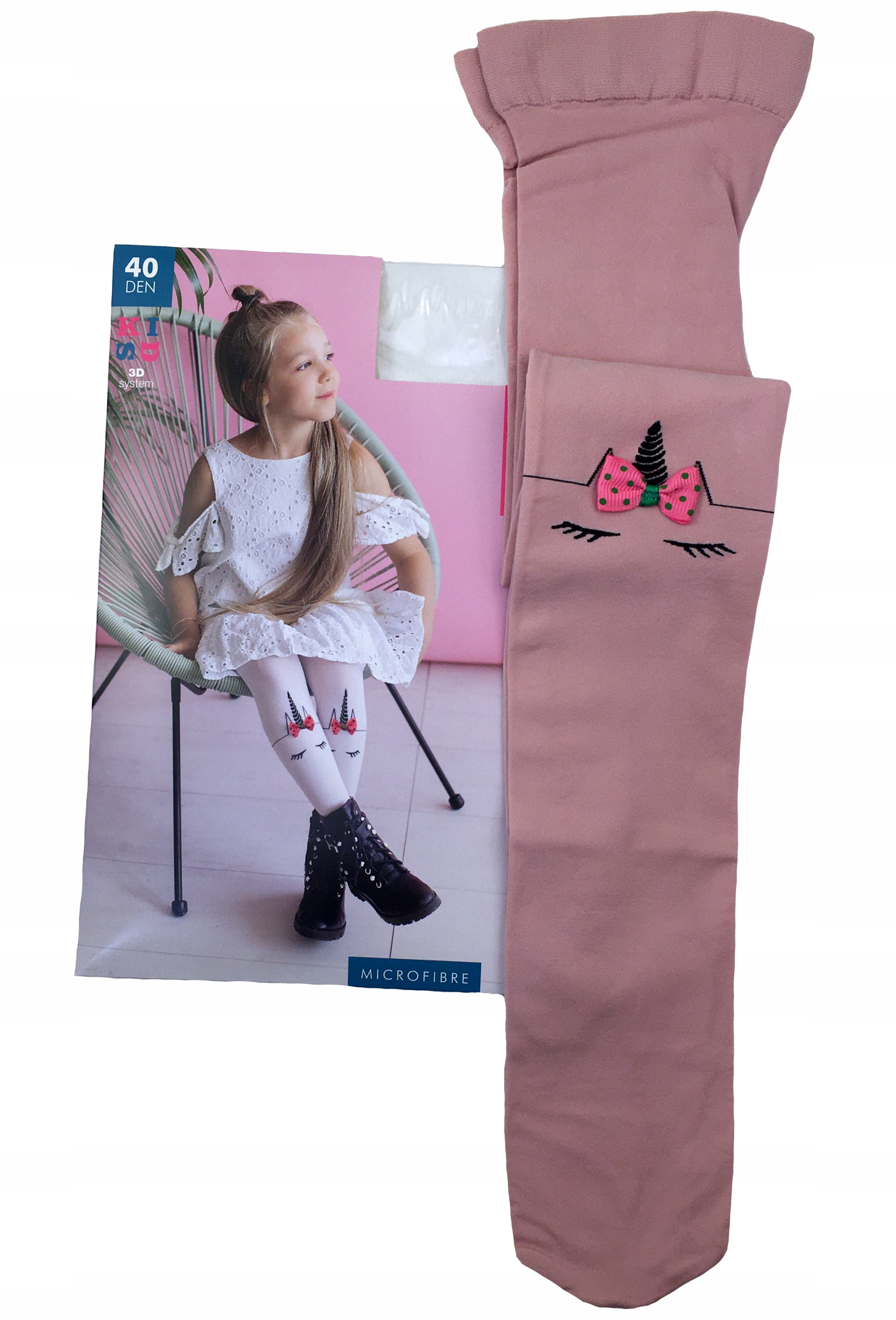 RAJSTOPY kryjące 128/134 cm różowe z jednorożcem