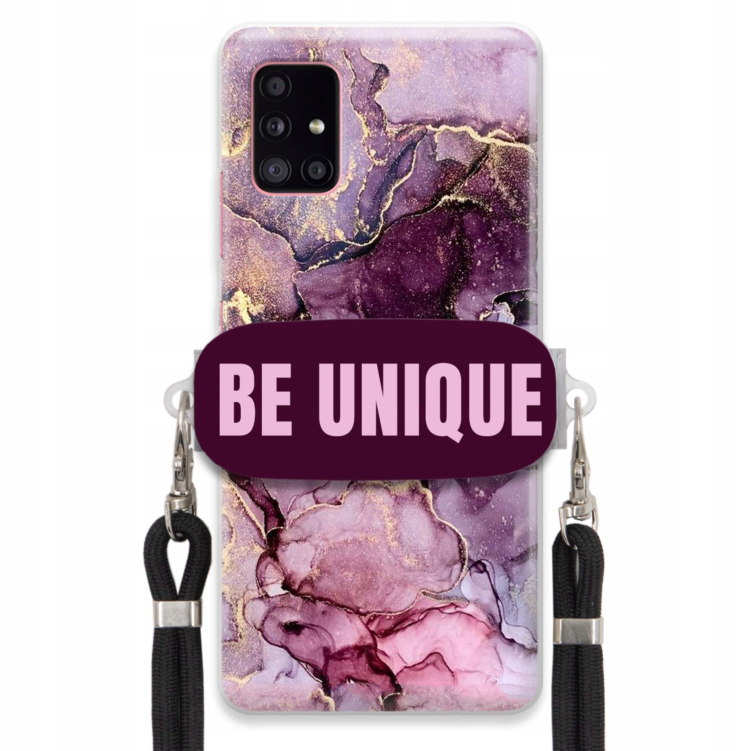 Puzdro pre Samsung A51 5G držiak na šnúrku Čierna Fialová Mramor Be Unique
