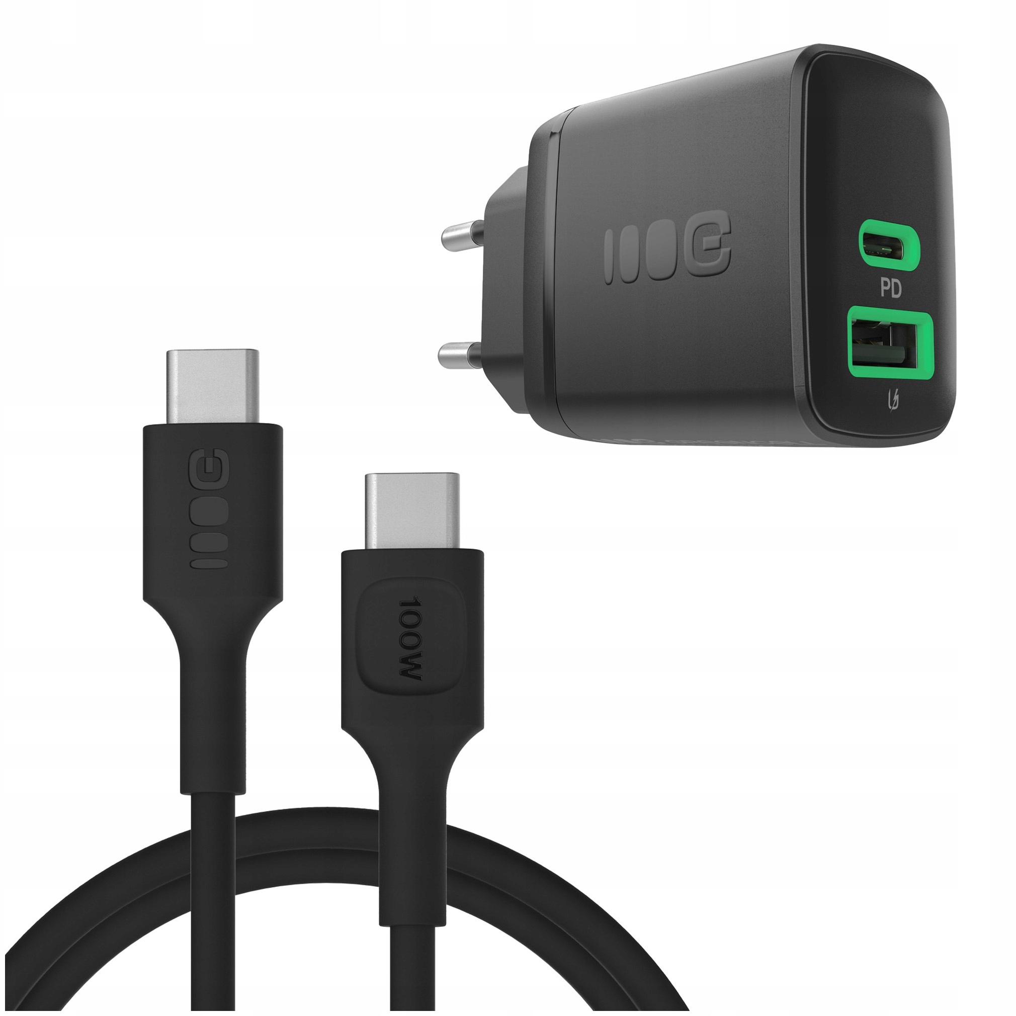 Ładowarka sieciowa 30W Usb-c Usb-a Pd Qc 3.0 Kabel Usb-c 1.2m 100W czarny