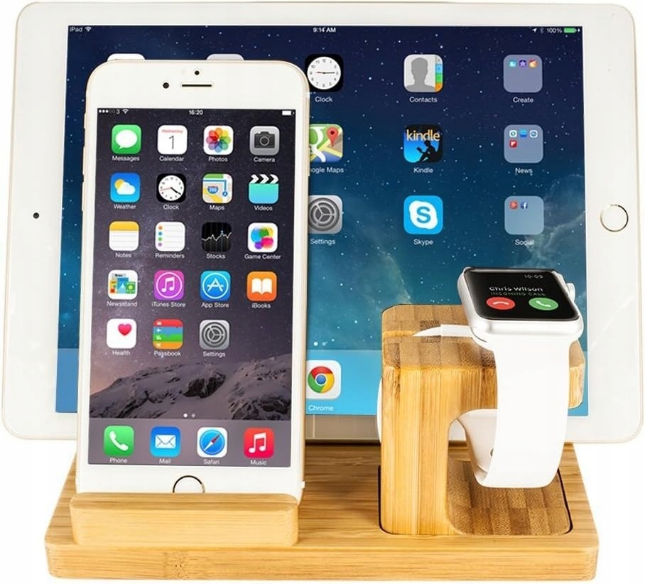 BAMBUSOWY STOJAK NA SMARTFON TABLET I ŁADOWANIE SMARTWATCHA APPLE I WATCH