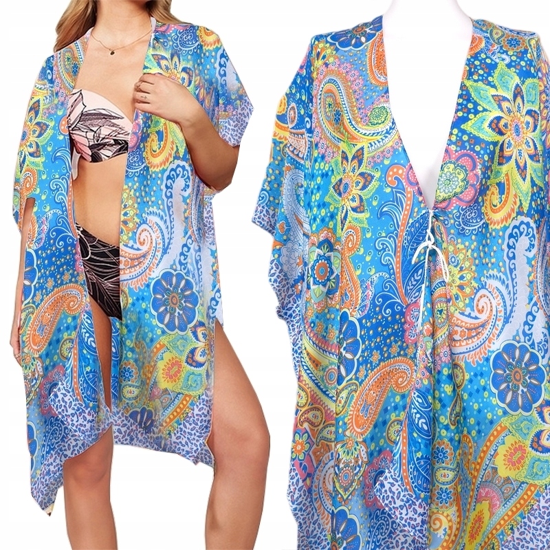 Piękne JEDWABNE PAREO CHUSTA PLAŻOWA KIMONO modne narzutka na strój tunika