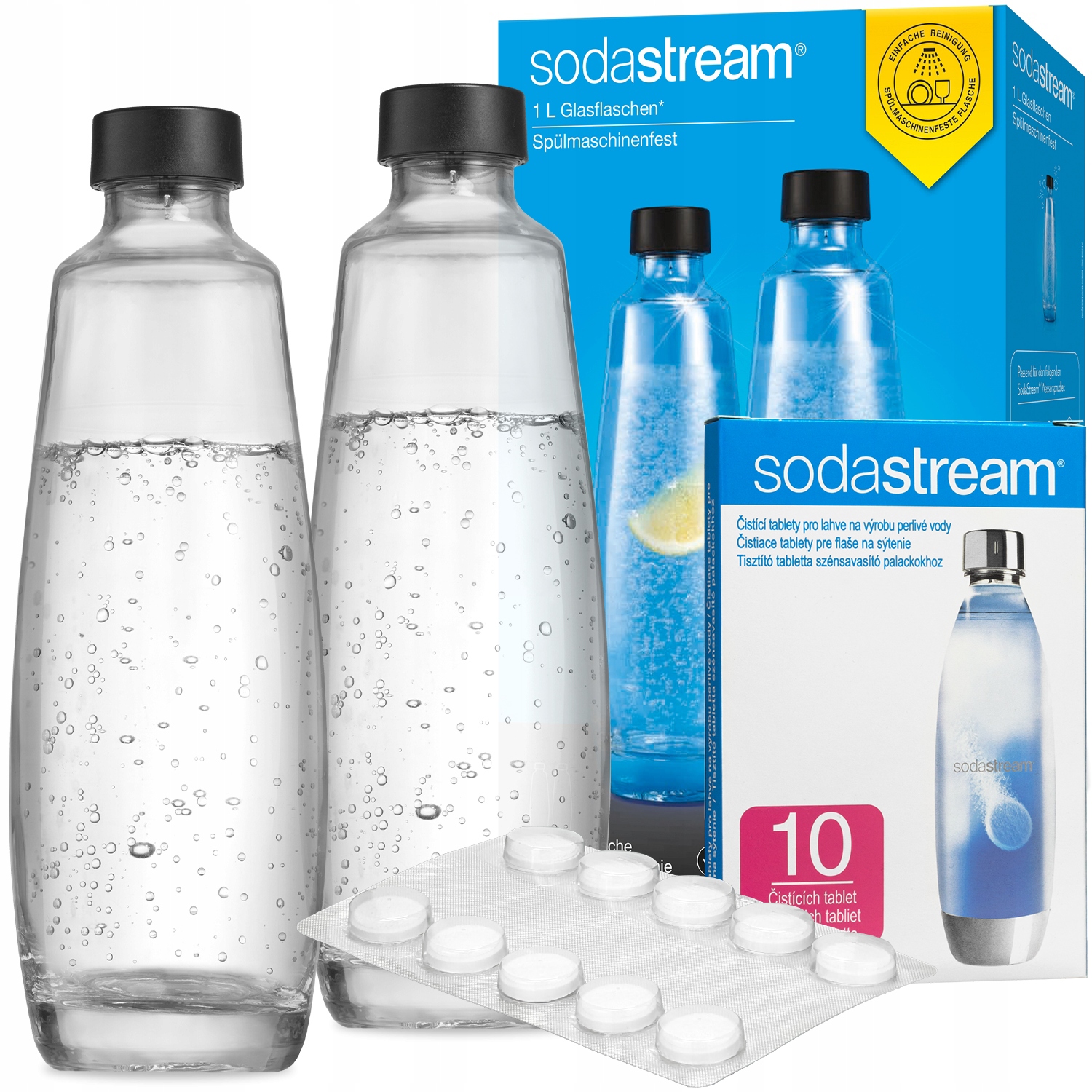 2x Skleněná Lahvička Sodastream Duo 10 x Čistící Tablety Sodastream