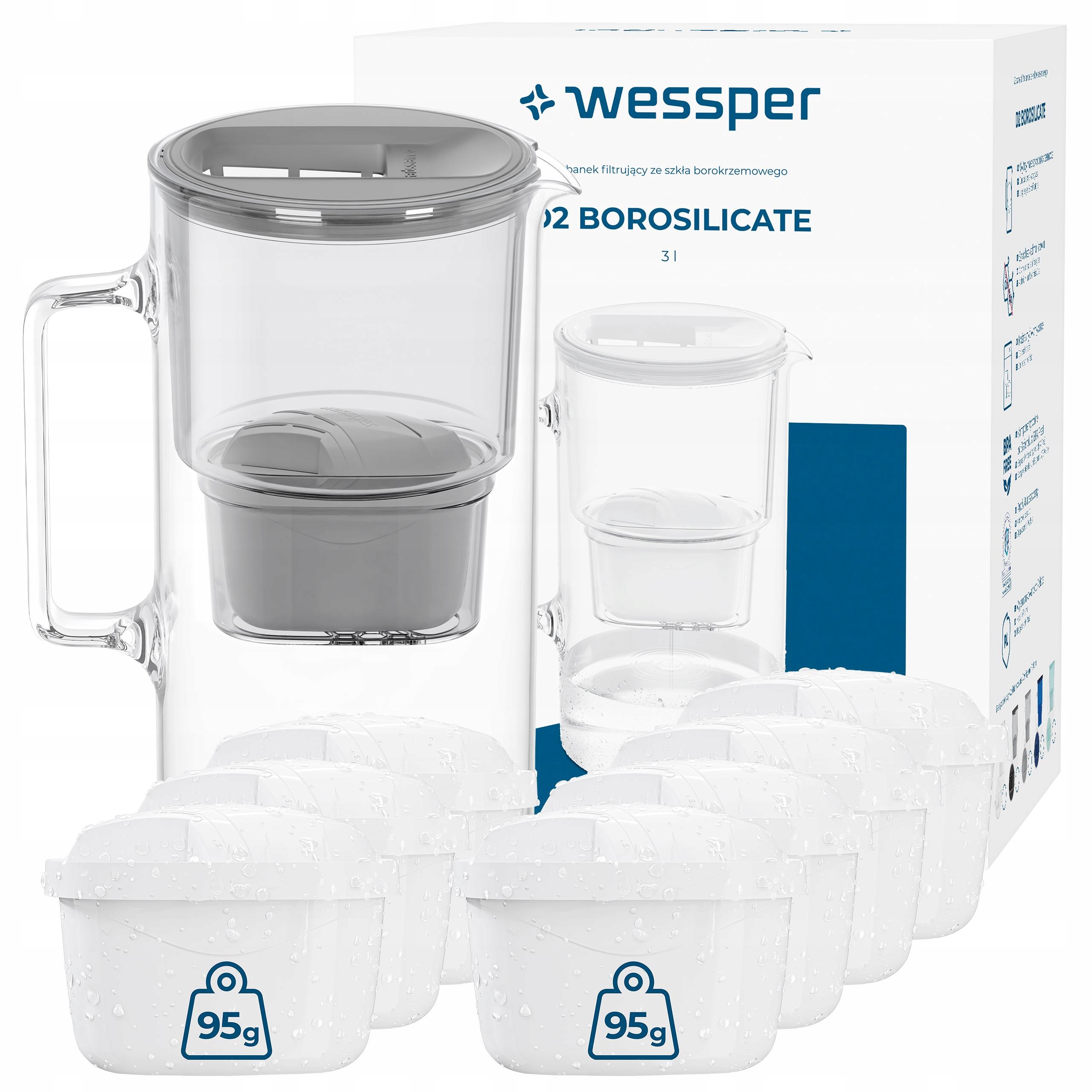 Filtrační konvice skleněná Wessper D2 Borosilicate 3l 8x filtr na vodu