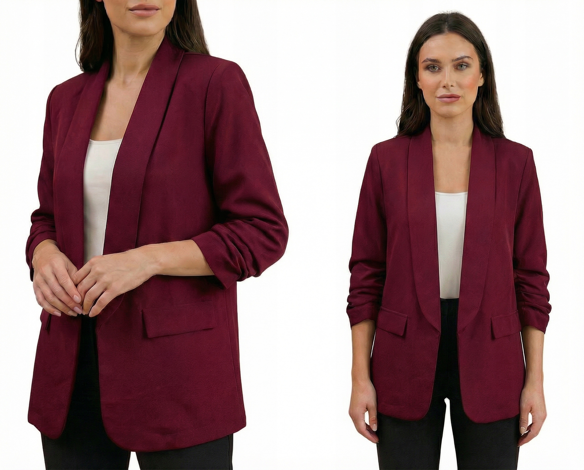 Marynarka Damska Żakiet Martszczone Rękawy Casual Bordowa Uni