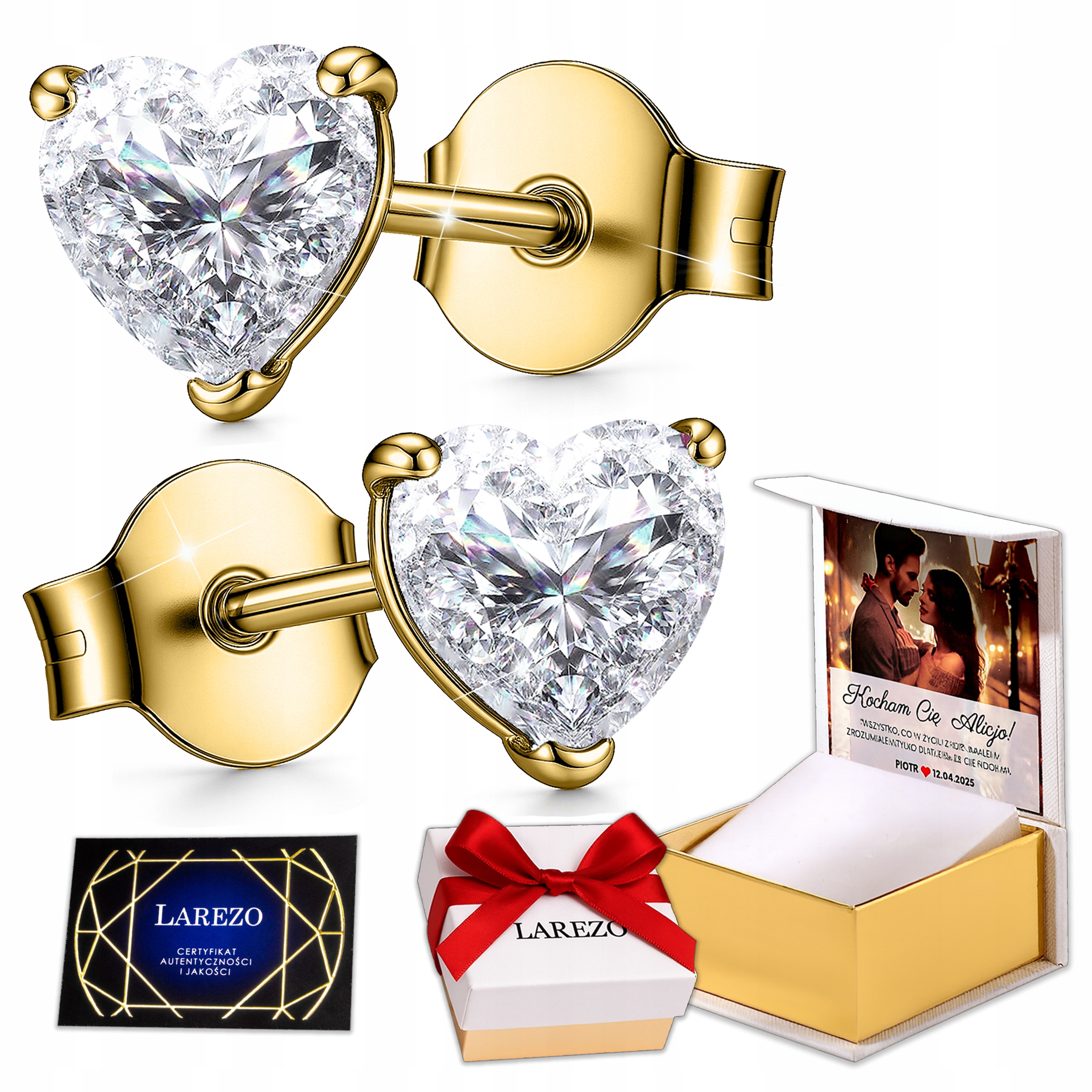 Zlaté Náušnice 925 Křišťálové bílé srdce s zirkonem Srdíčka Potisk