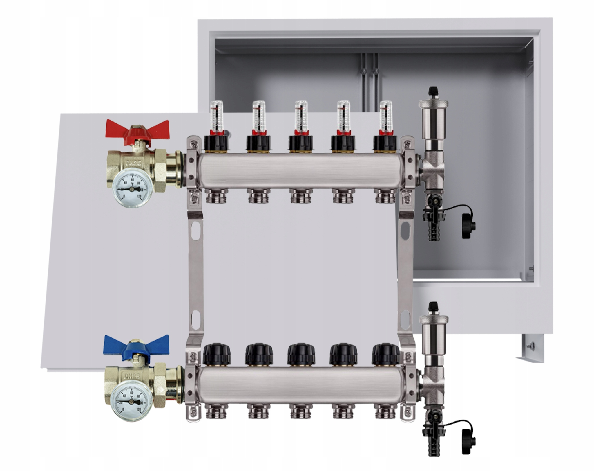 Rozdělovač nerezový Podlahovky 5 okruhů Podomítková skříňka Ventily