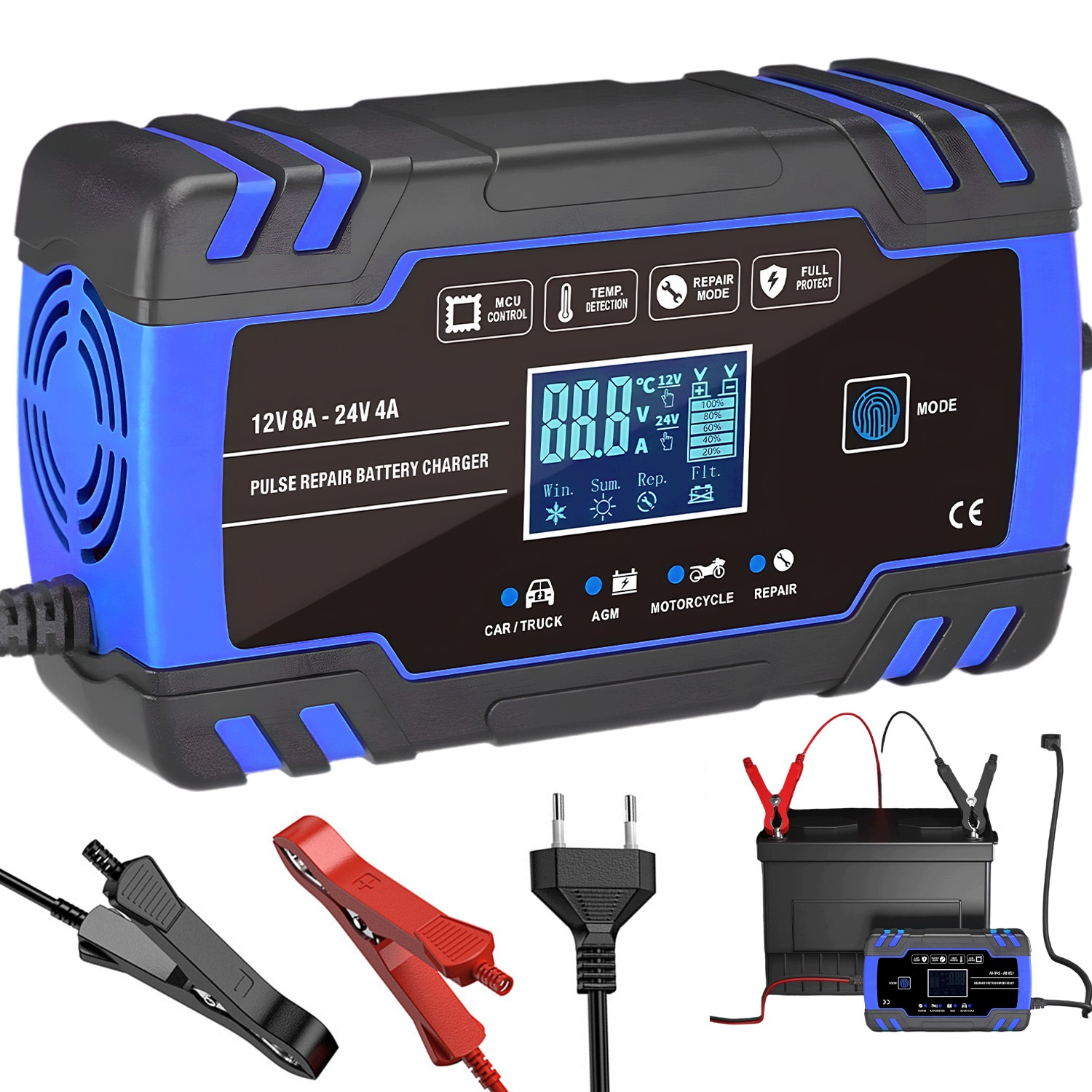 Automatyczny Prostownik Do Akumulatorów 12V/24V 8A/4A Ekran LCD 170×98×58MM