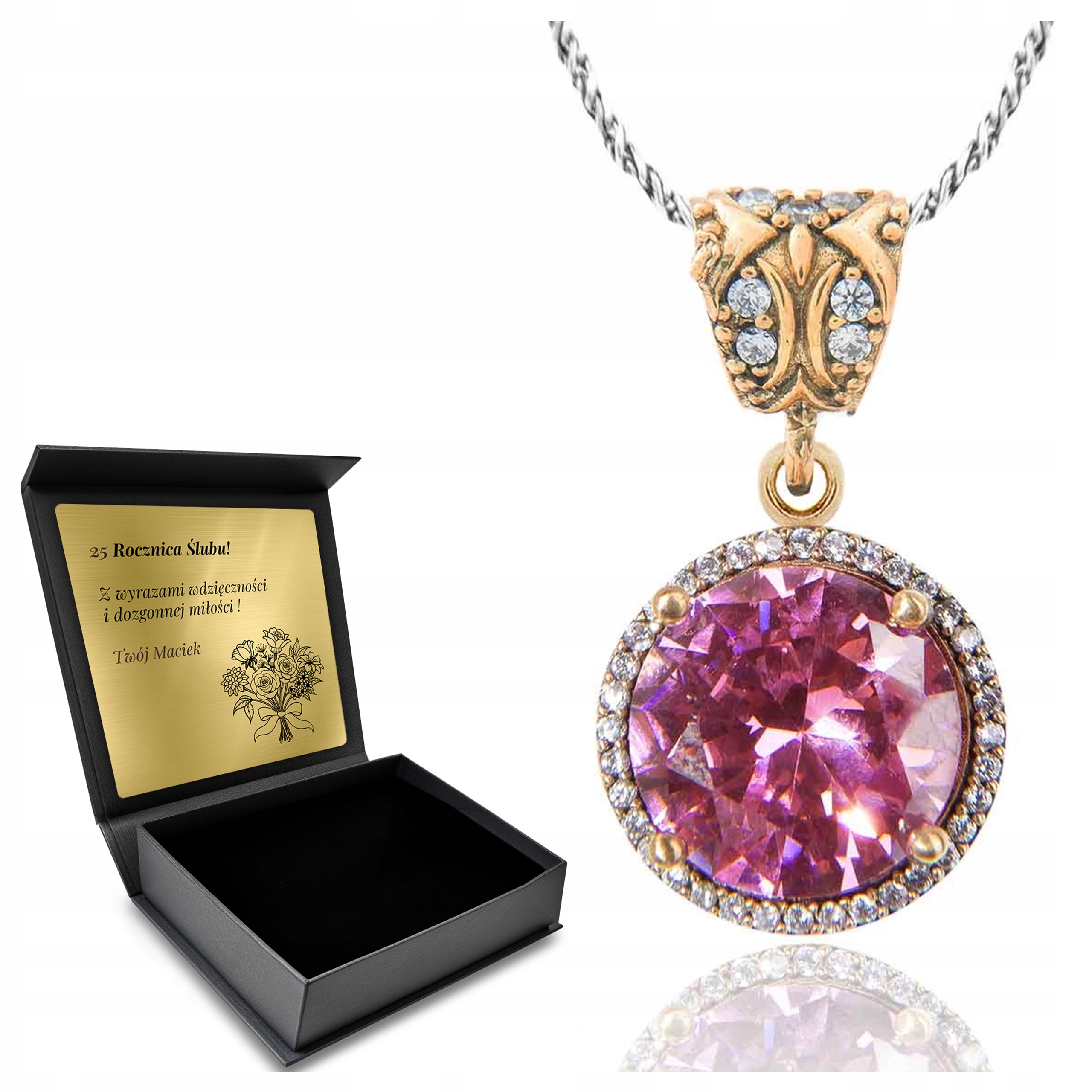 Stříbrný Náhrdelník 925 S Zirkony A Růžovým Topazem pro ženy Gravírování