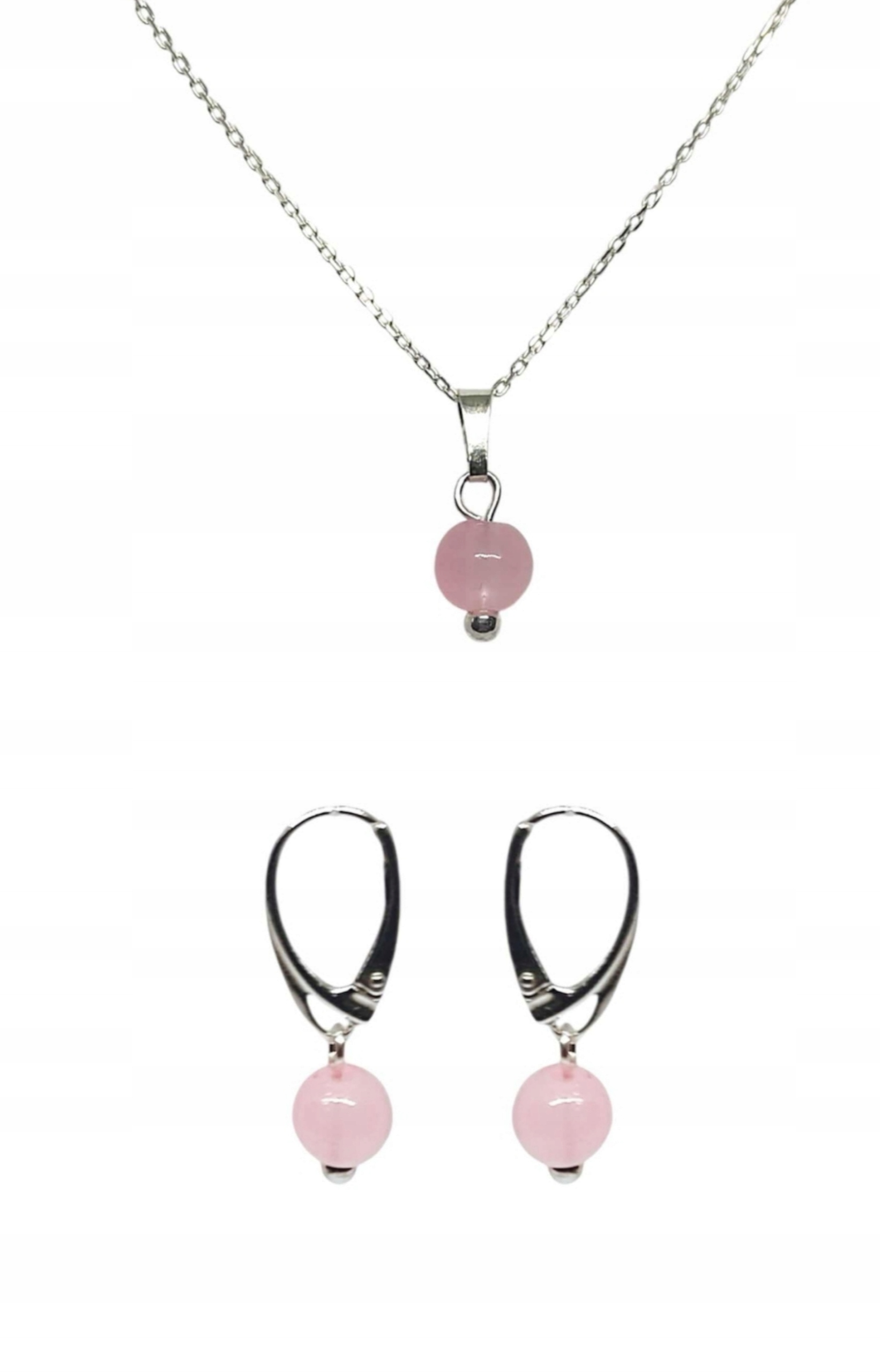 Stříbrná Sada Růžový Křemen 8mm Náhrdelník, Náušnice Kuličky Stříbro 925