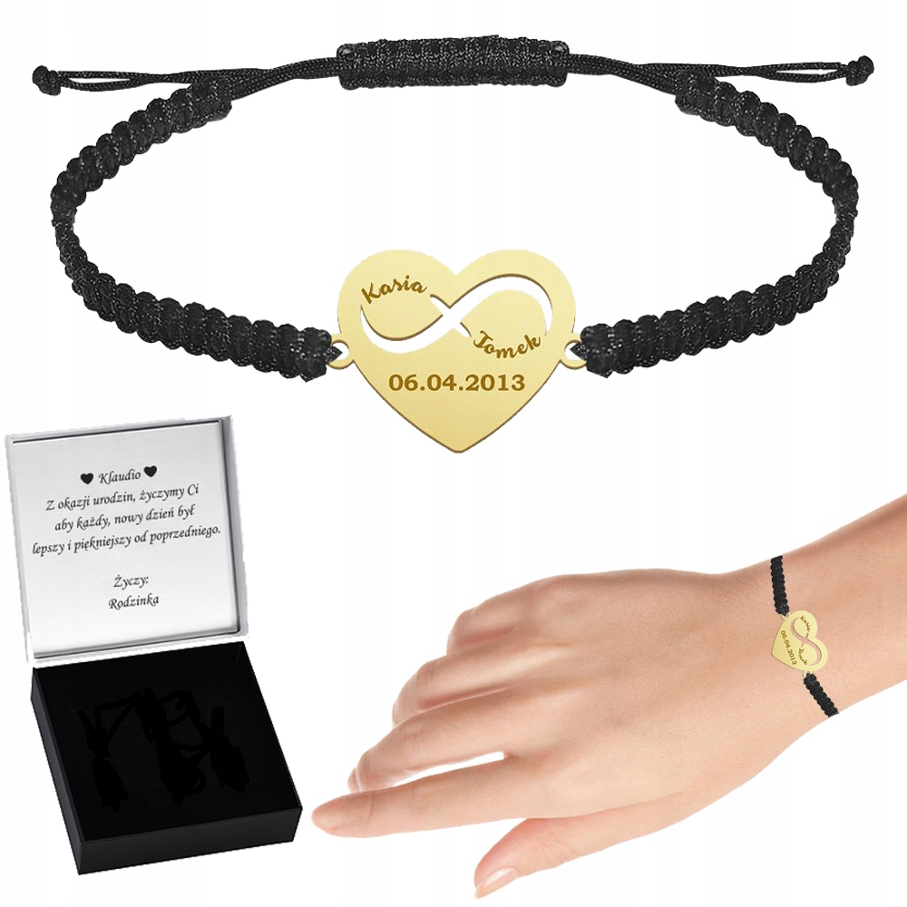 Náramek Zlaté srdce s jmény Datum výročí Dárek 925 Gravírování Bonus