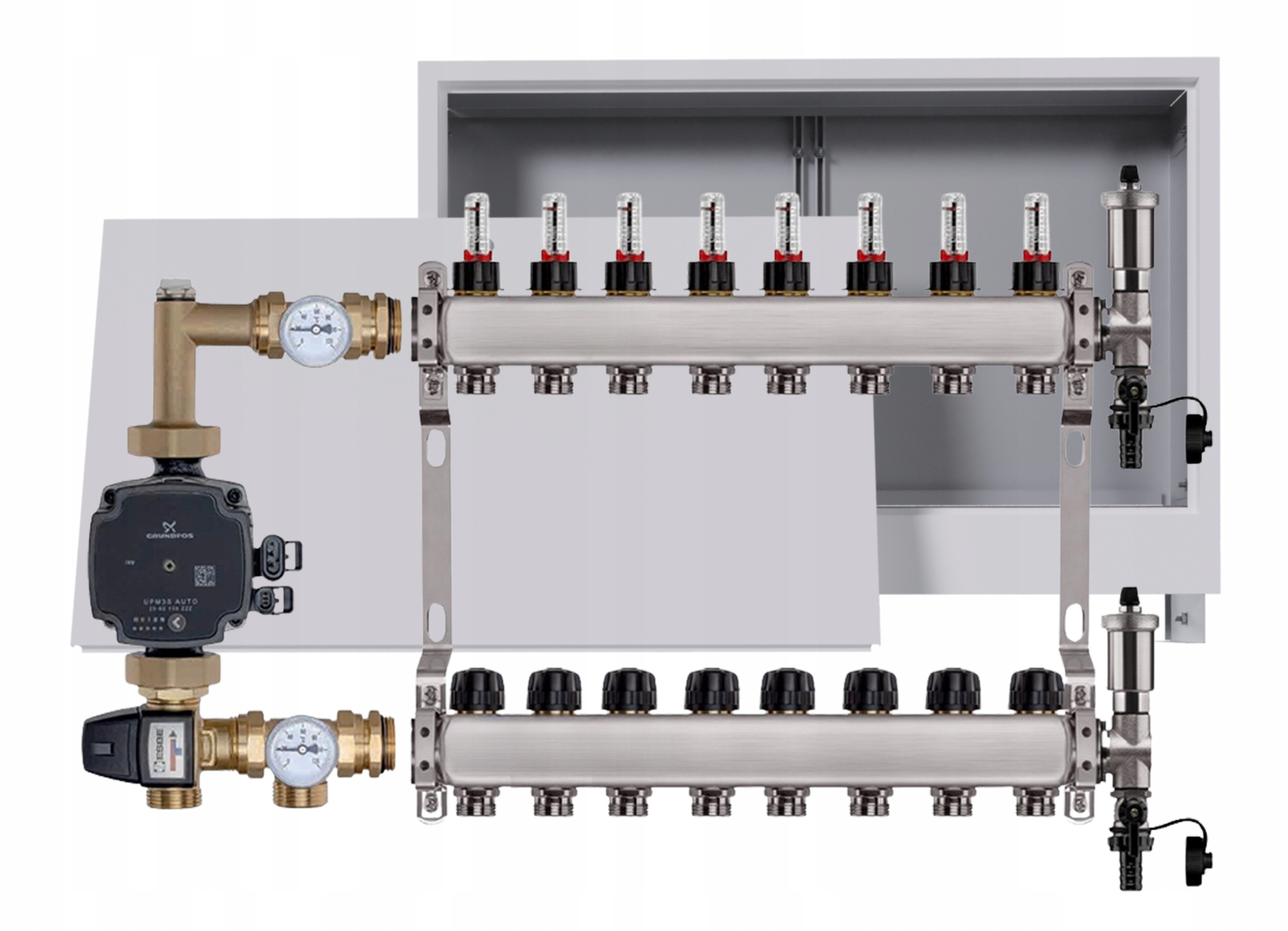 Nerezový rozdělovač pro podlahovku 8 podomítkový box Pompa Grundfos