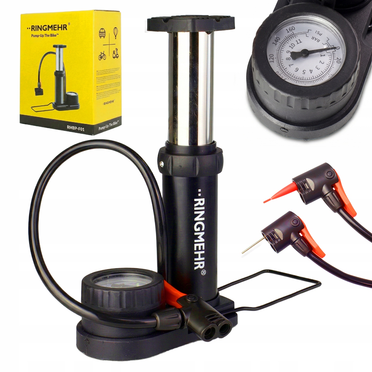 KOMPAKTOWA POMPKA Z MANOMETREM ROWEROWA NOŻNA Z WĘŻYKIEM AV DV SV