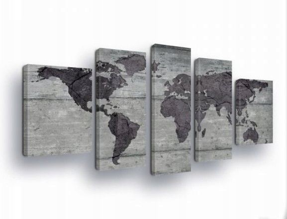 Obraz 170x100 Mapa světa Betonový Loft Šedý Minimalismus Cestování Polyptych