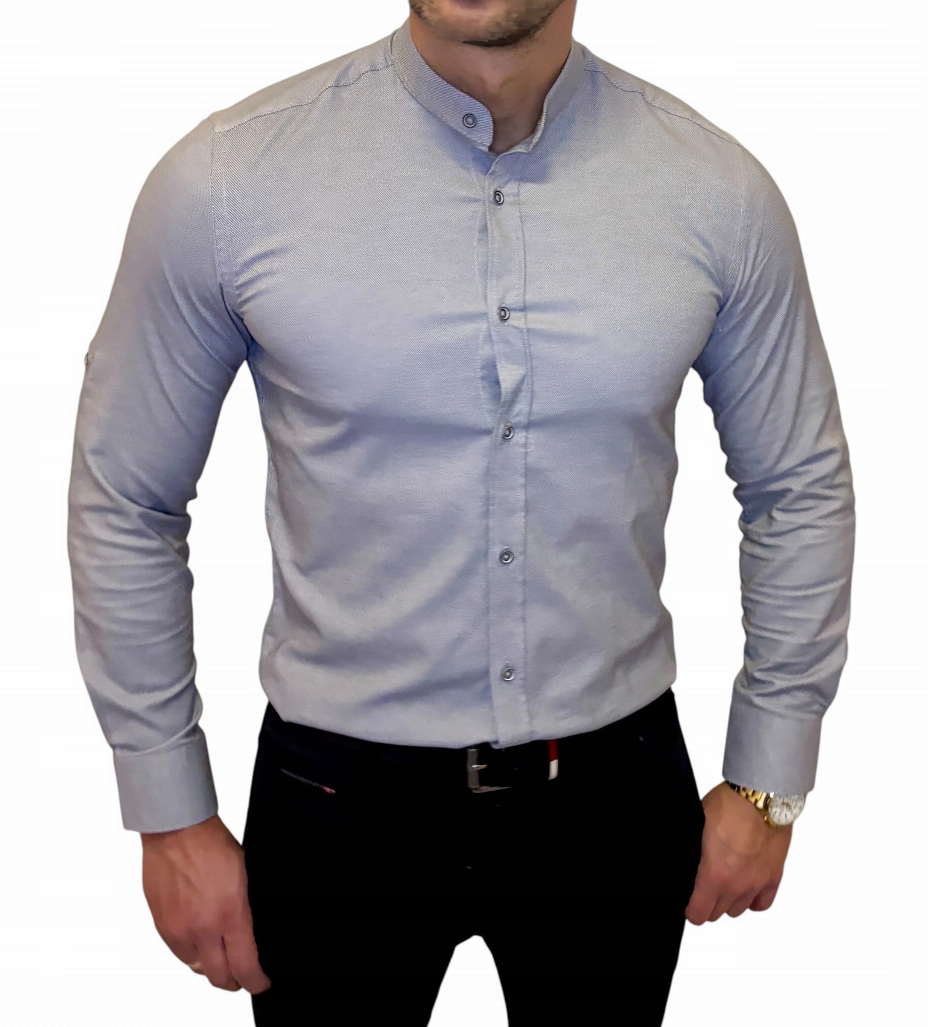 Košile se stojáčkem casual slim fit oxford světle šedá ESP02 XL