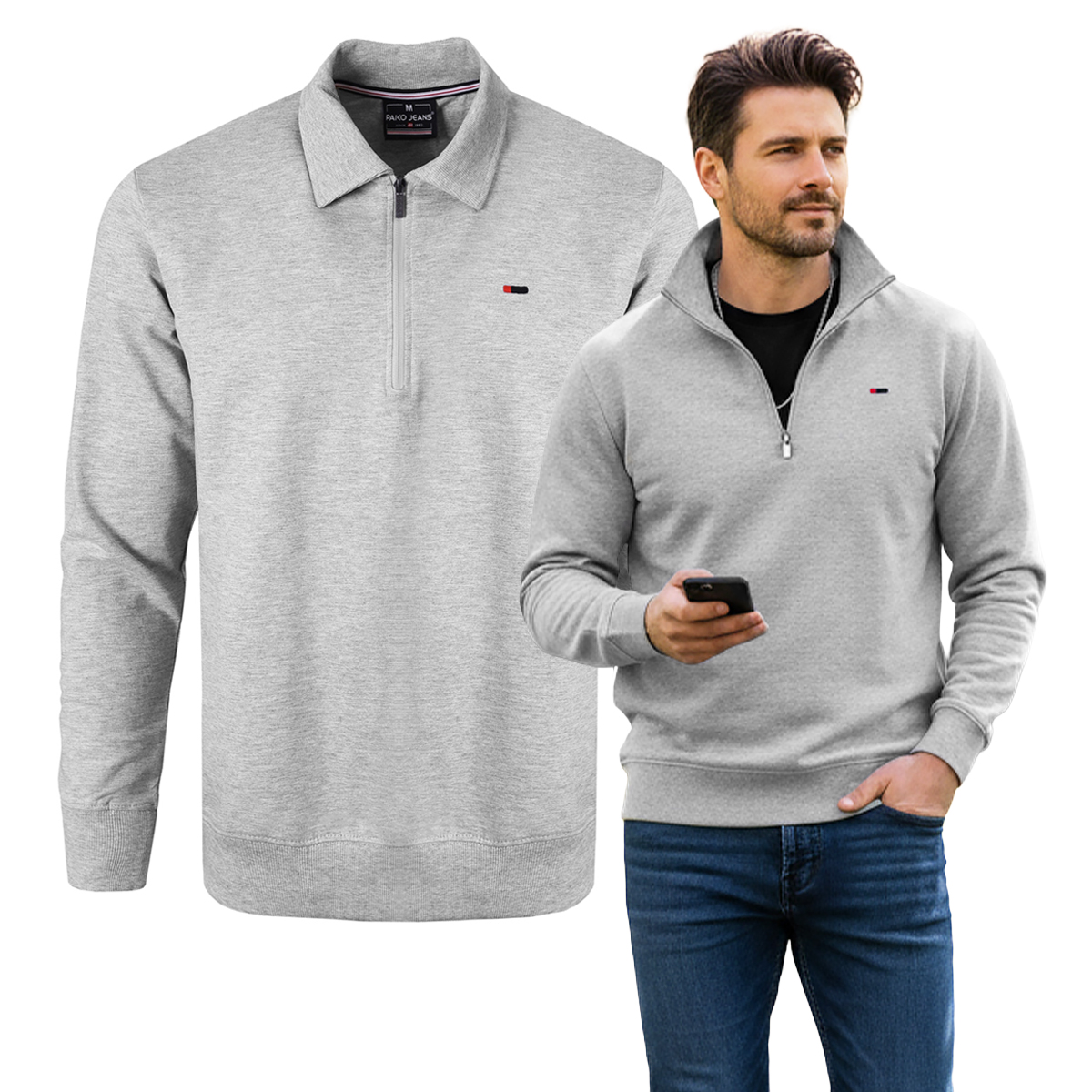 Bluza Męska przez Głowę z Kołnierzem Szara Melanż na Lato L Pako Jeans