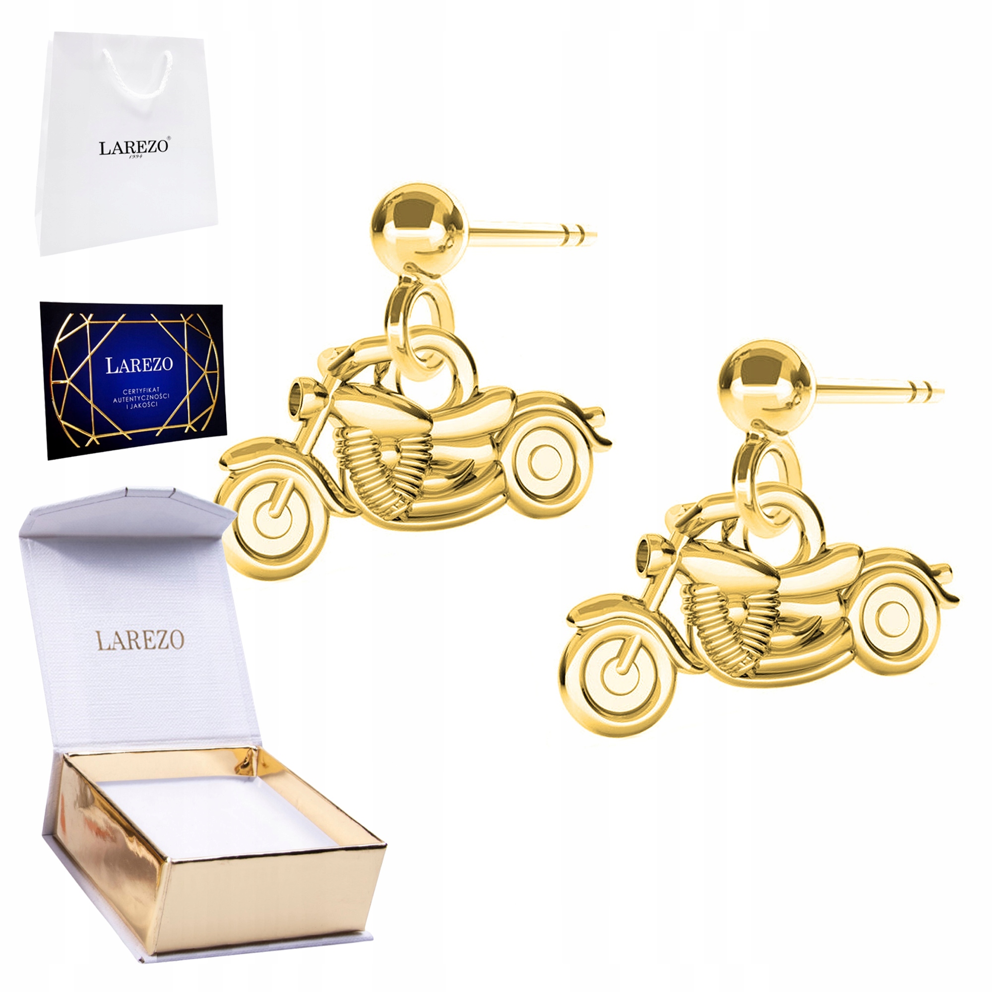 Zlaté Náušnice 925 Motocykl Harley na tyči s motorkou Motorky 24K