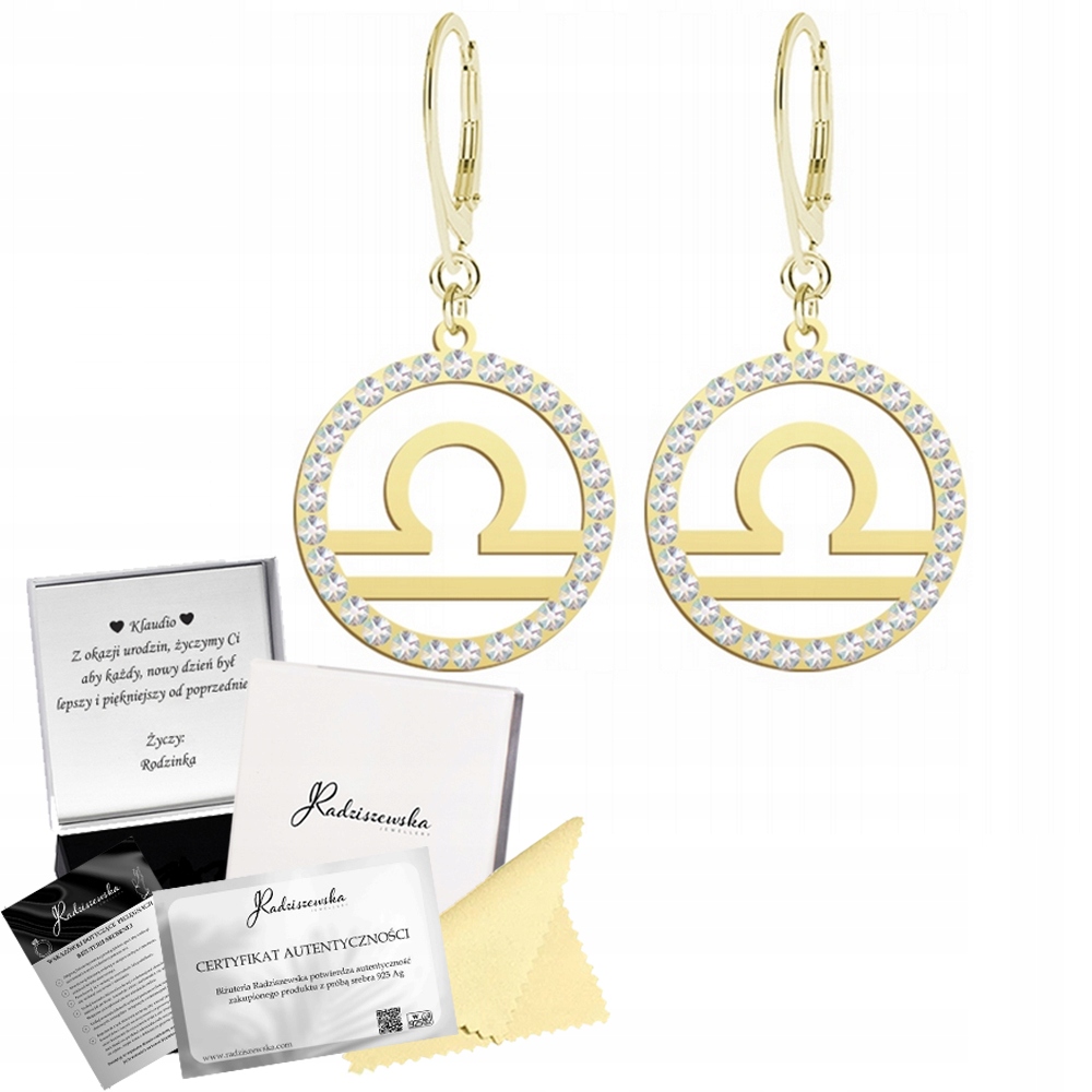 Zlaté Náušnice Znamení Zvěrokruhu Váha Stříbro 925 Krystaly Narozeniny Přání