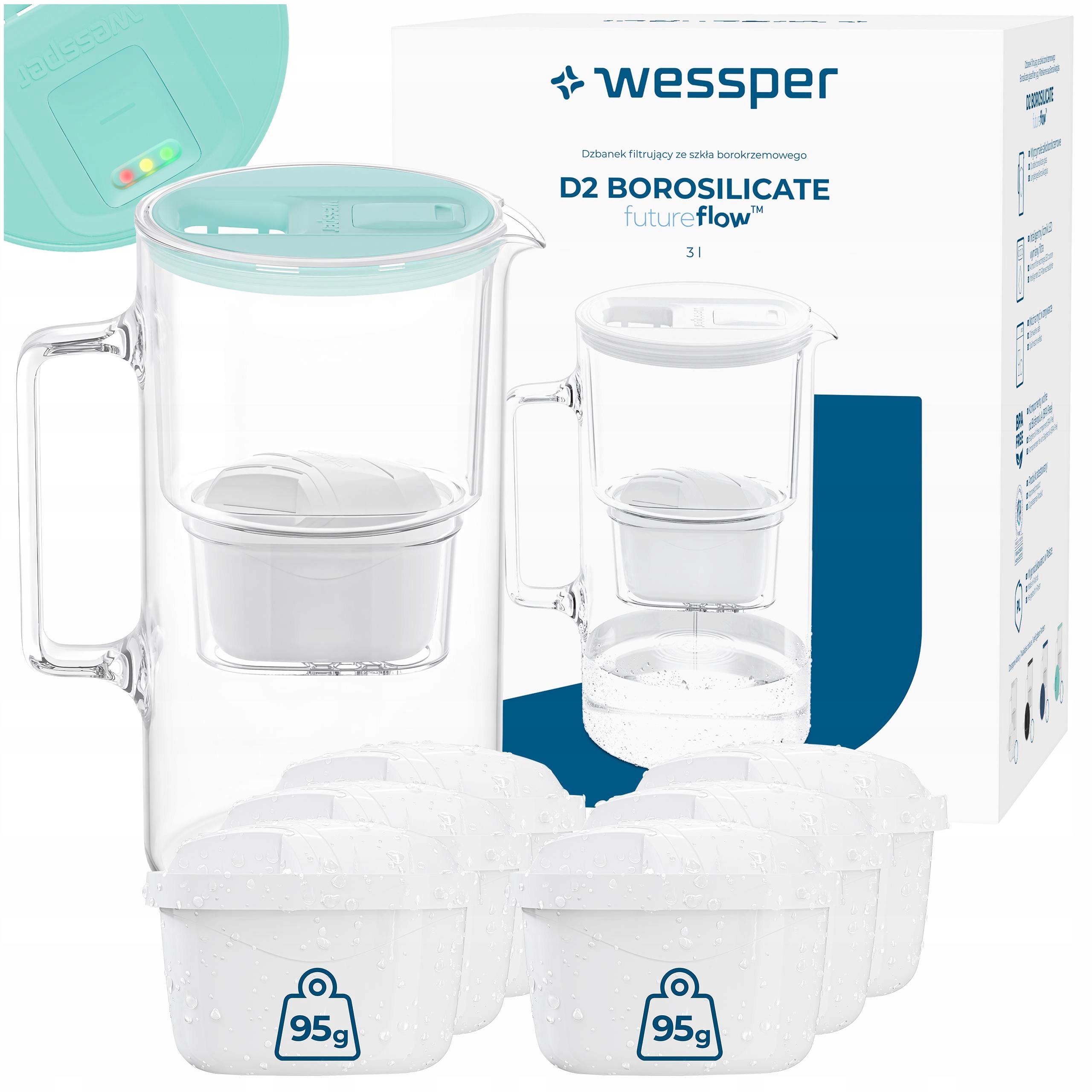 Filtrační konvice skleněná Wessper D2 Borosilicate Ff 3l mátová 7x filtr