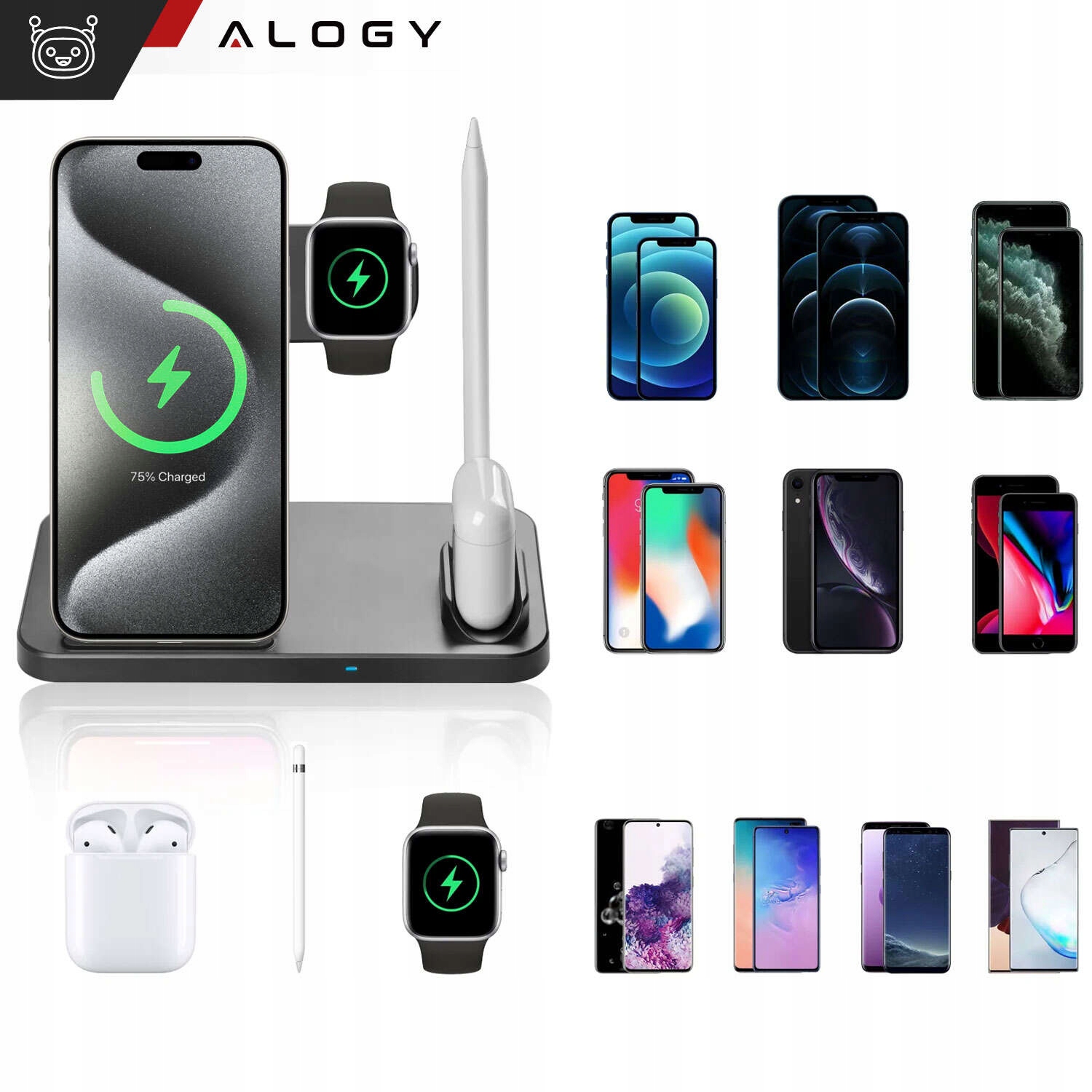 ŁADOWARKA INDUKCYJNA BEZPRZEWODOWA 4w1 do APPLE WATCH/ AIRPODS/ IPHONE/PEN Marka Alogy