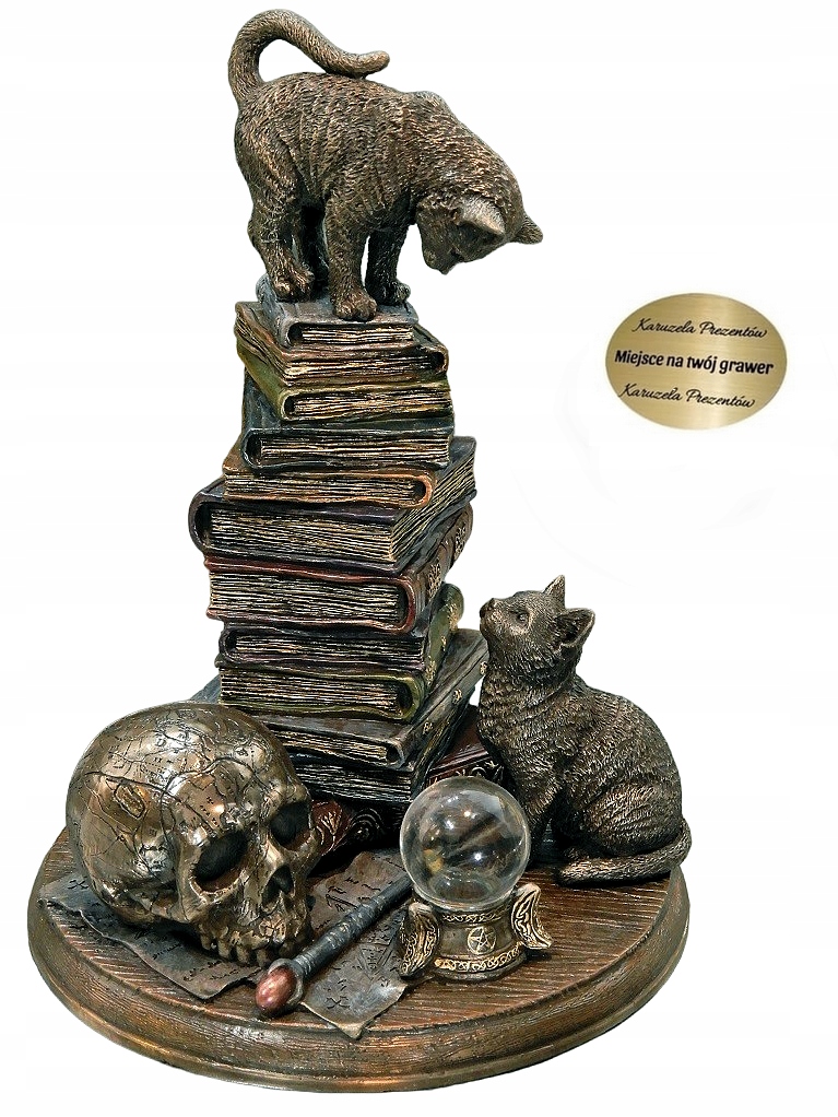 Magická Figúrka Mačky Na Knihách Lebka Čarodejnícka Guľa Dekorácia Stol