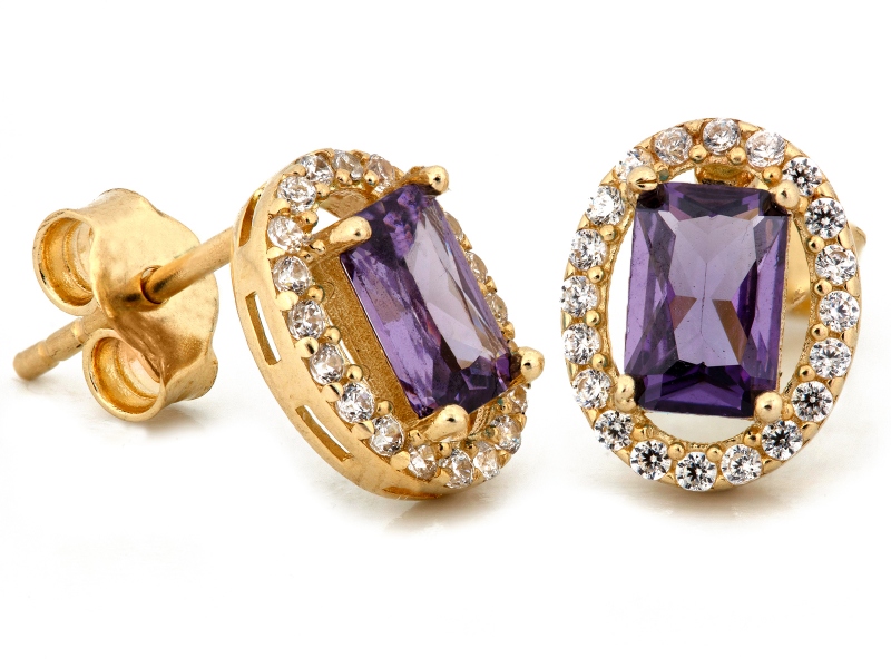 Náušnice zlaté 585 elegantní markýza s fialovým kamenem na tyči 14k