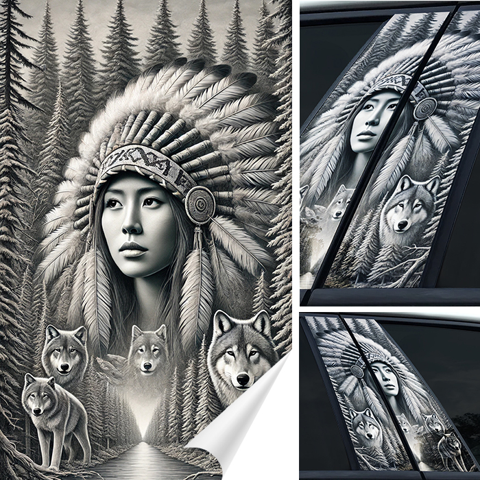 2x Samolepka na sloupky dveří Auta Indianka VLCI příroda 50x30