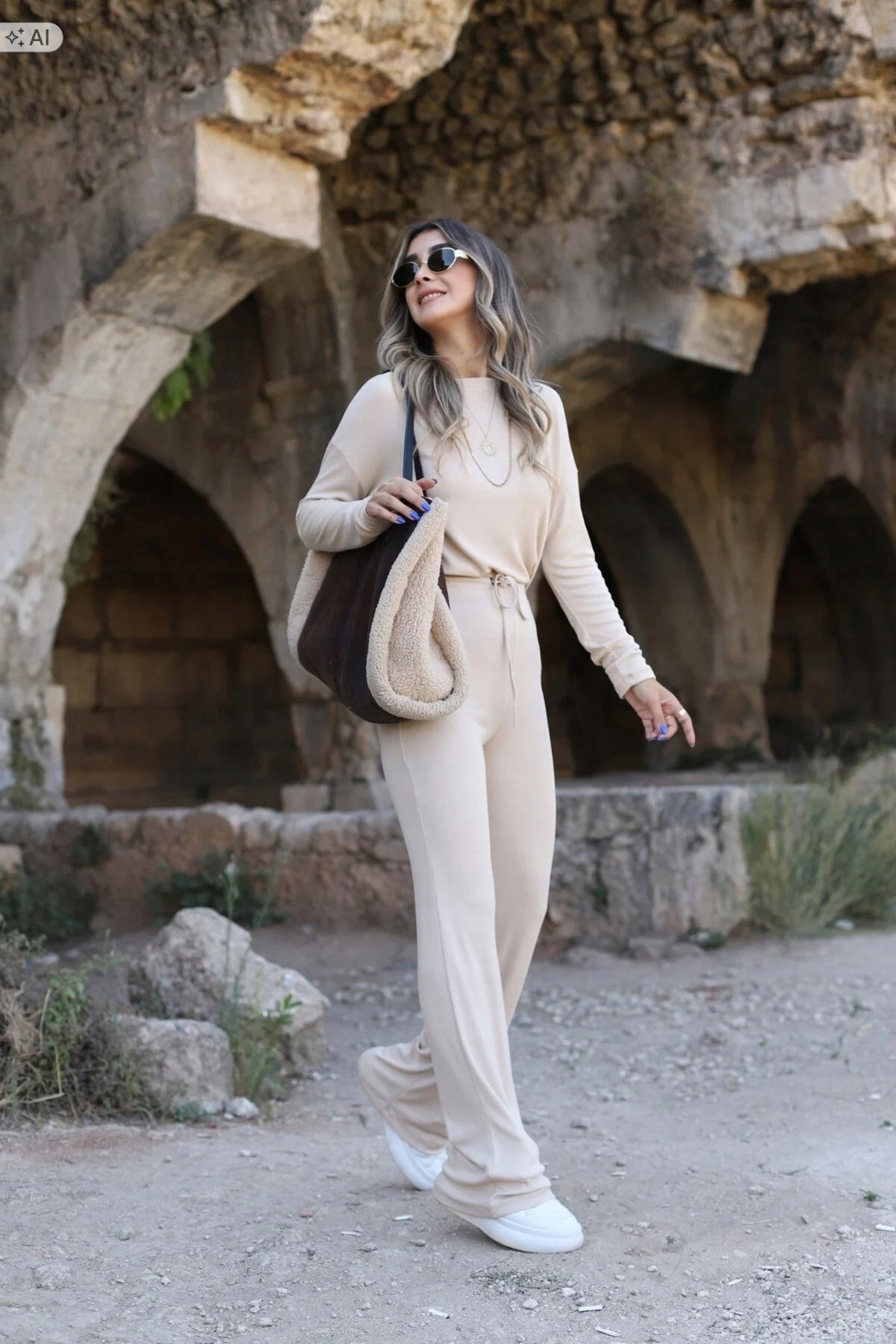 Tepláková Souprava Béžová Z Měkkého Úpletu L 5IA