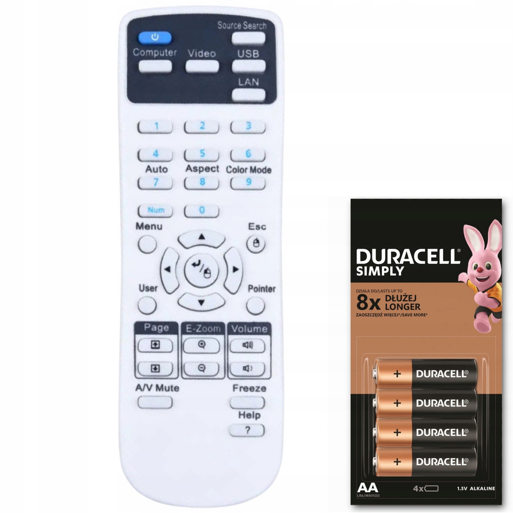 Dálkový Ovladač 1599176 Pro Projektor Epson EB-W39 EB-X24 Baterie Duracell Aa