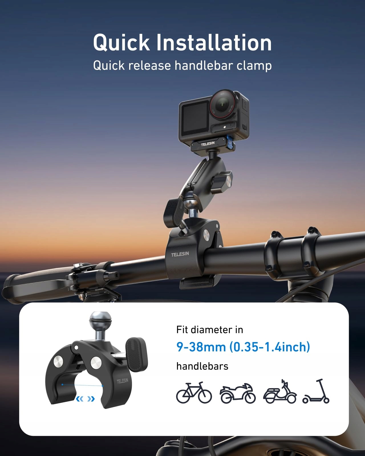 TELESIN Uchwyt Rowerowy Motocyklowy Do DJI Action 6 5 Pro Osmo 360 9-38 mm — miniatura 2