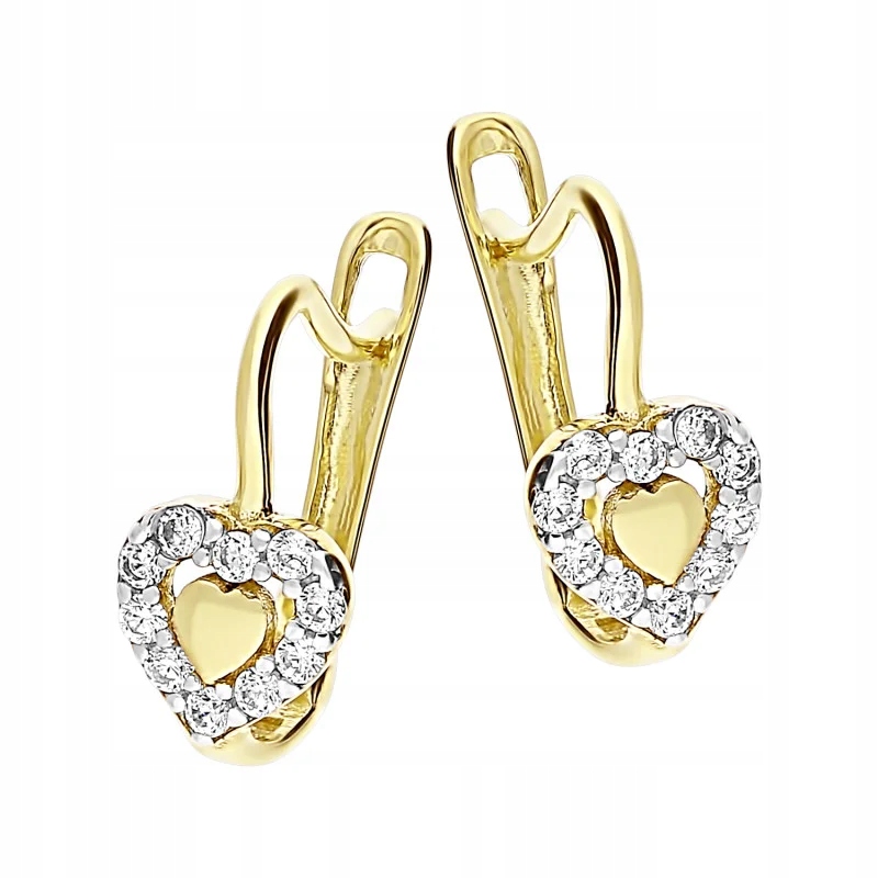 dětské zlaté náušnice 585 lesklá srdíčka se zirkony pro svaté přijímání
