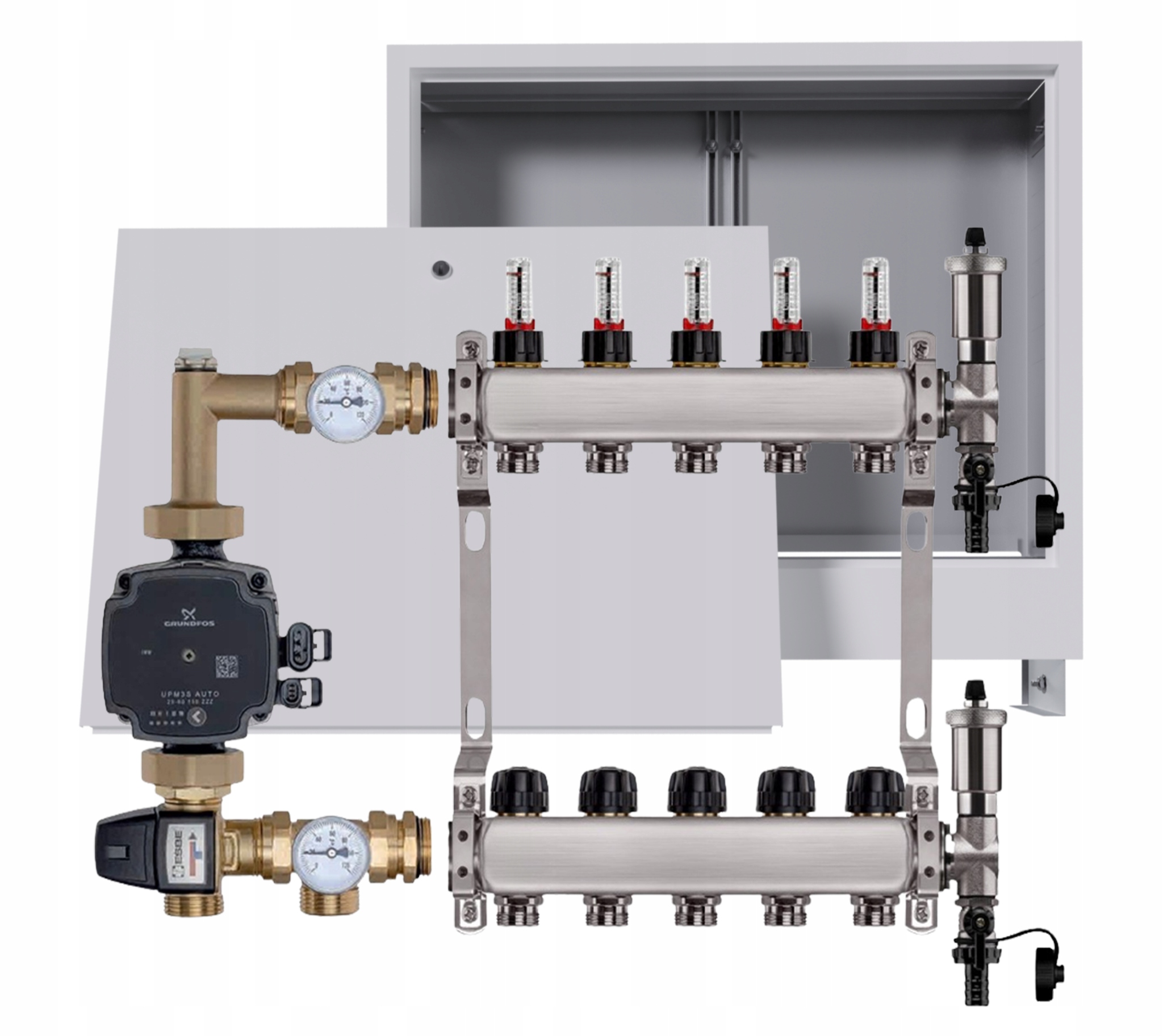 Nerezový rozdělovač pro podlahovku 5 podomítkový box Pompa Grundfos