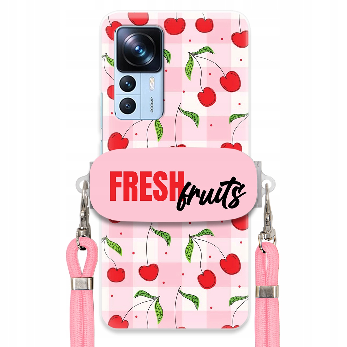 Puzdro pre Xiaomi 12T Pro Case držiak na šnúrku Ružový Fresh Fruits Mriežka