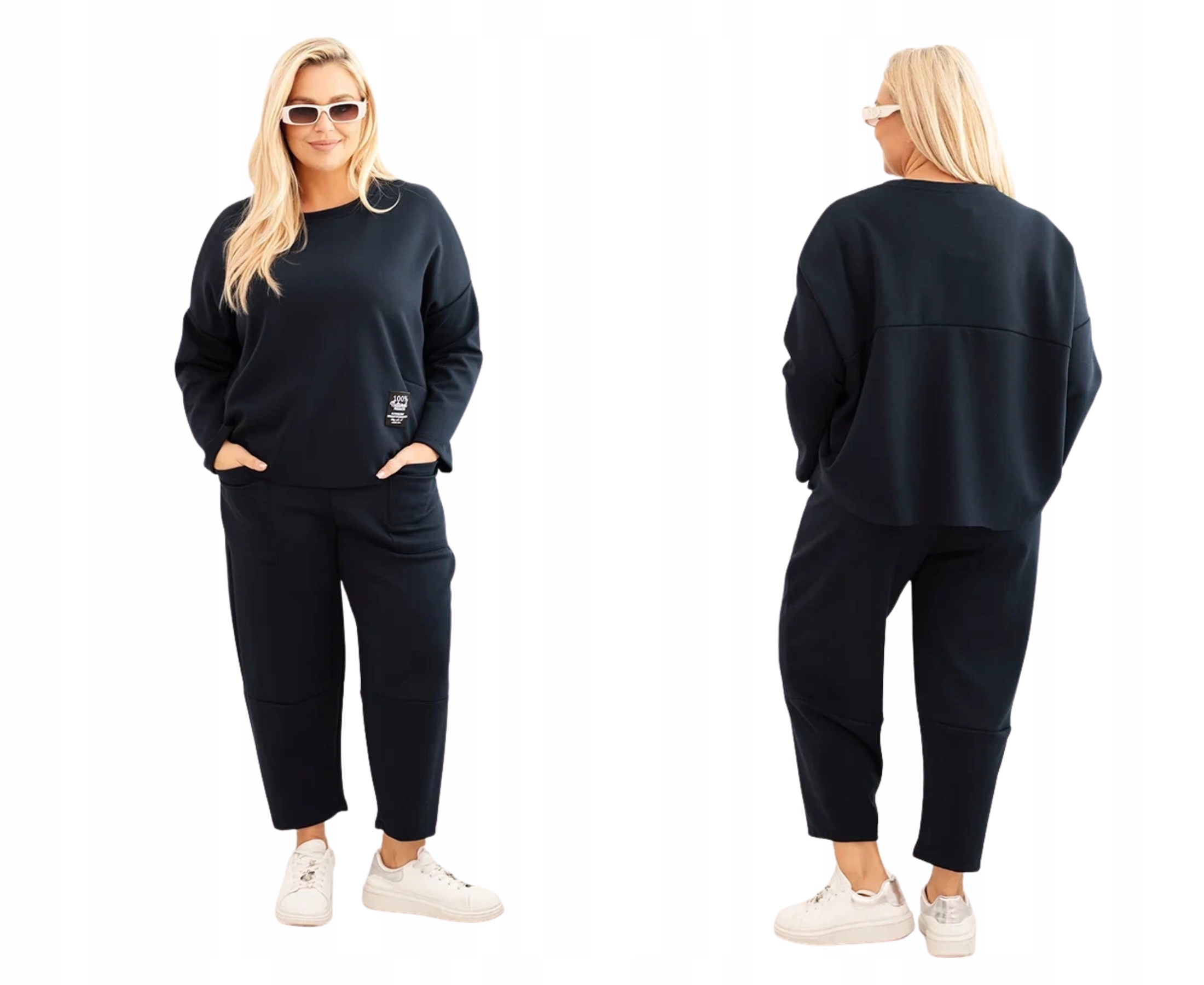 Tmavě modrý dámský komplet Plus Size, máslová mikina a kalhoty s kapsami