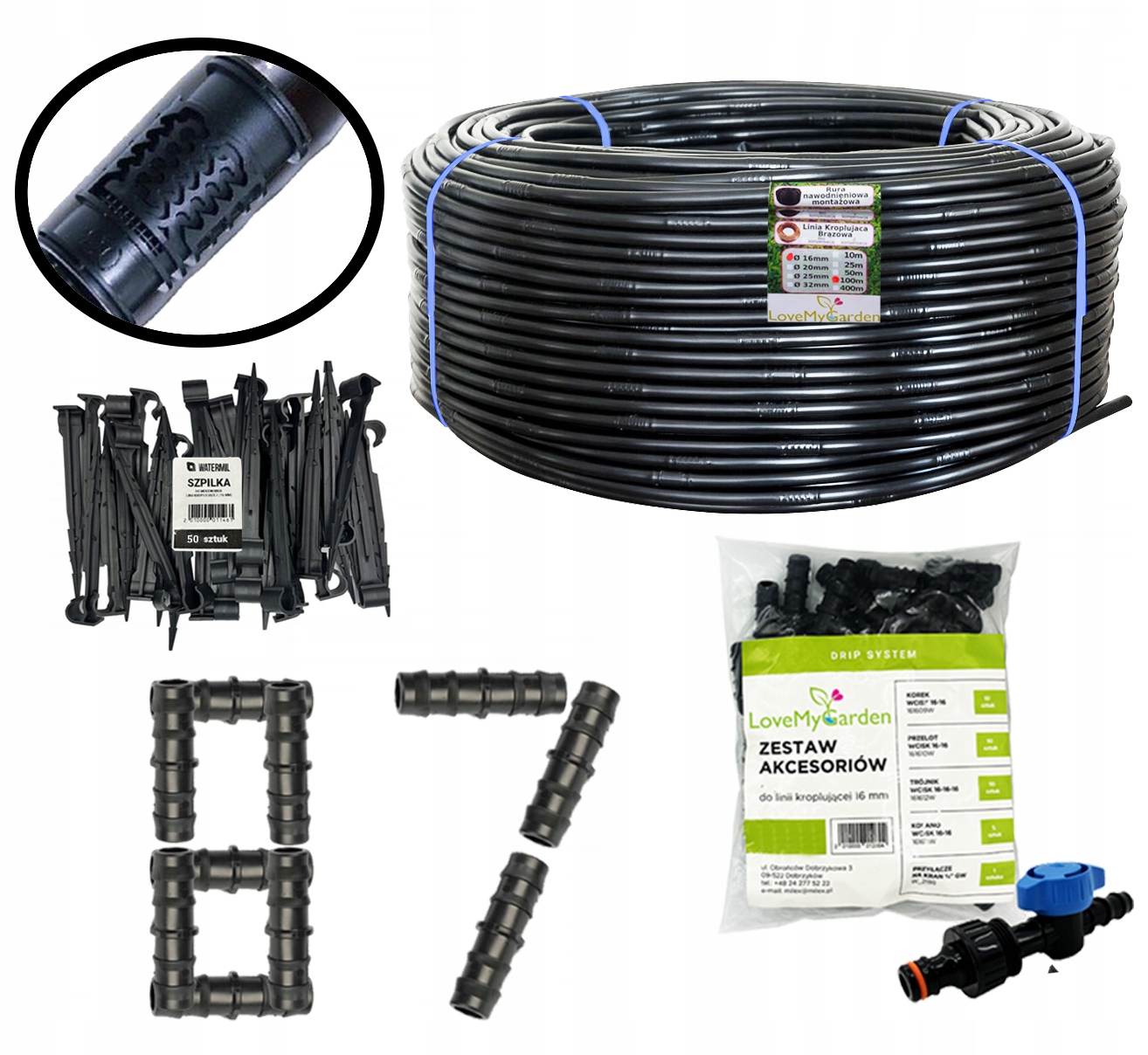 Linia kroplująca 16mm 100m z kompensacją 87 akcesoriów Wąż Mocna
