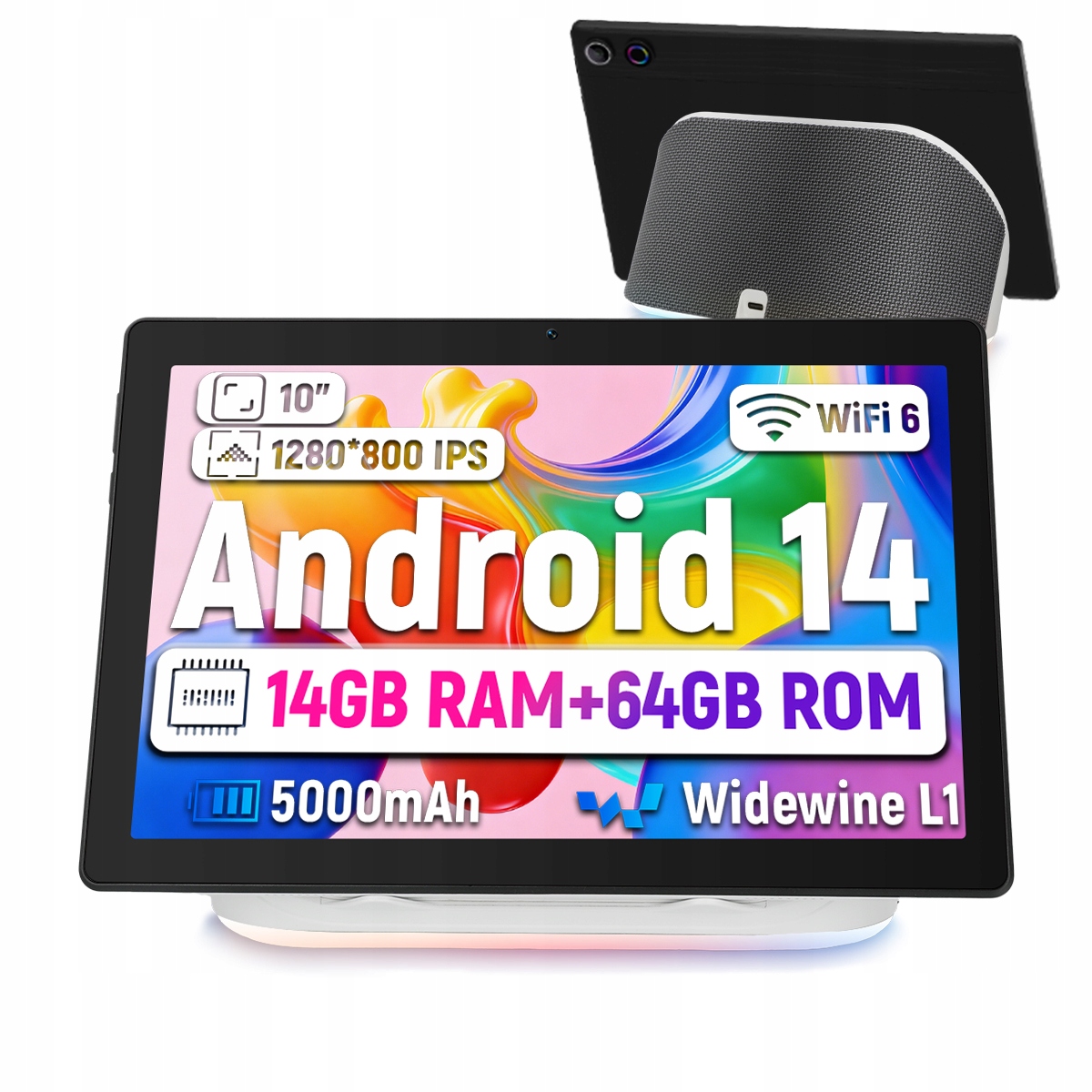 Tablet 10" Android 14 14GB Ram 64GB Pamięci z Głośnikiem Stacją Dokującą WiFi 6 Czarny