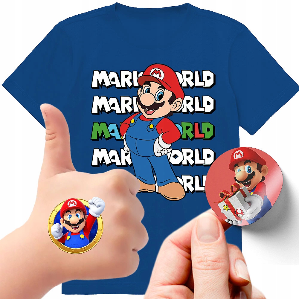 ZESTAW 3W1 KOSZULKA DLA DZIECI TATUAŻE NAKLEJKI SUPER MARIO BROS 152 JAKOŚĆ