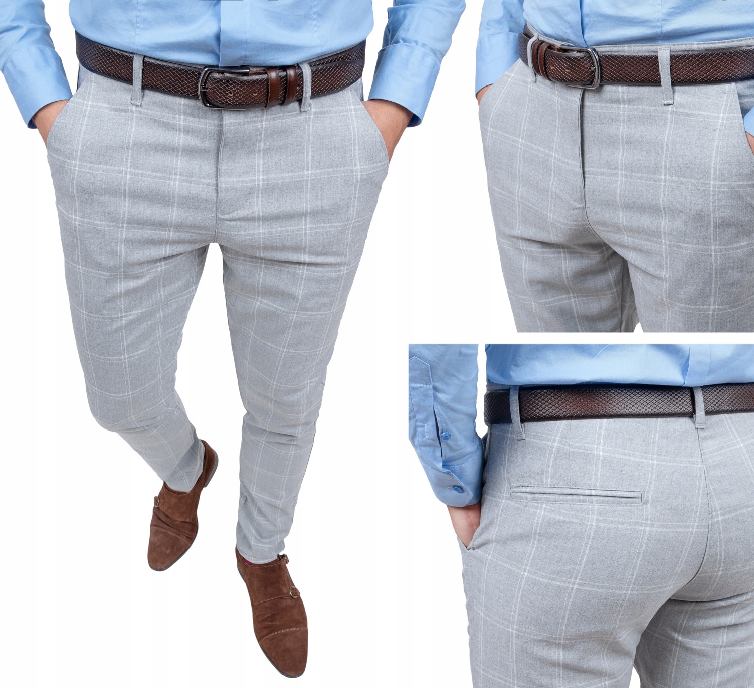 Spodnie w Kratę Męskie Jasne Szare 32